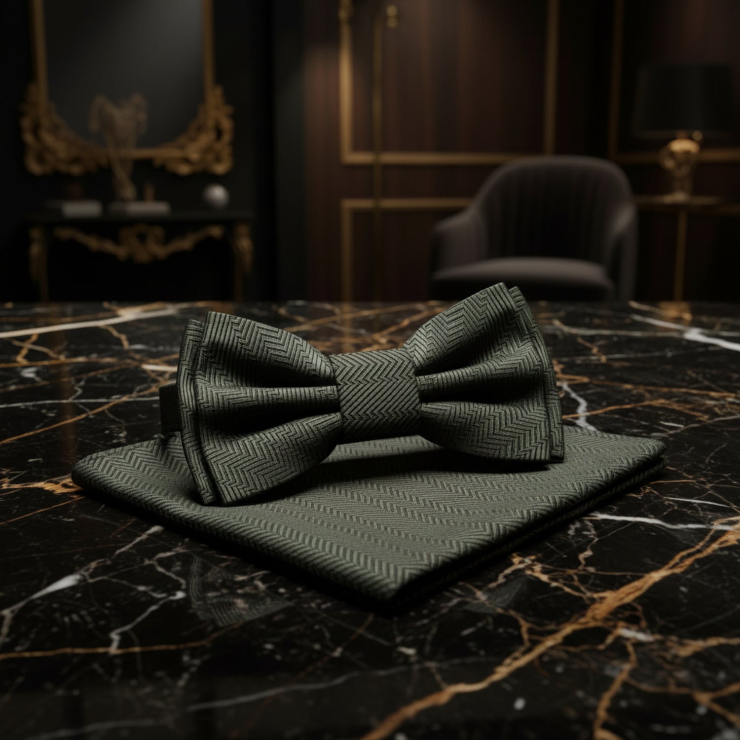 Green bow tie and pocket square set on a white background