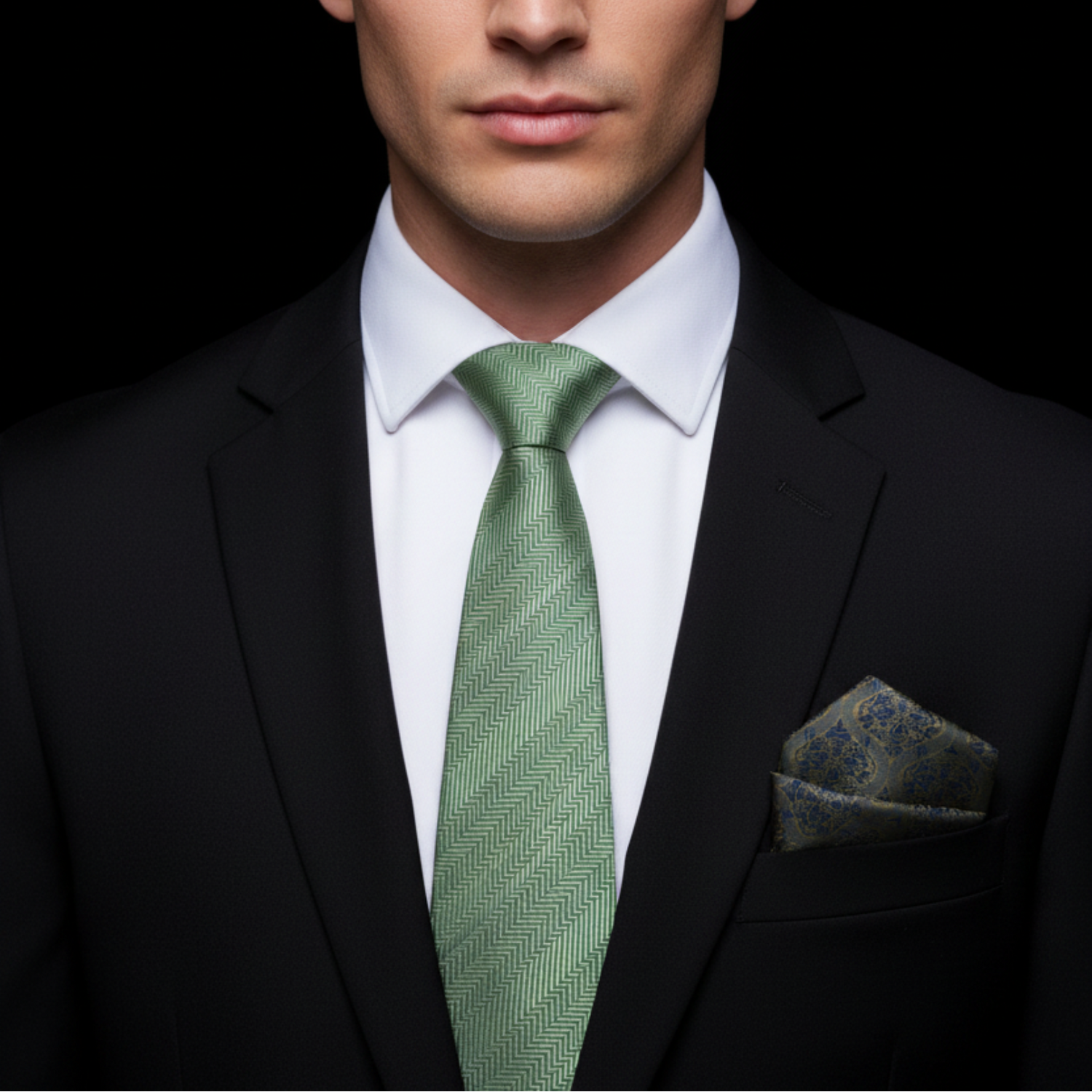 Juniper green thin tie and square on man