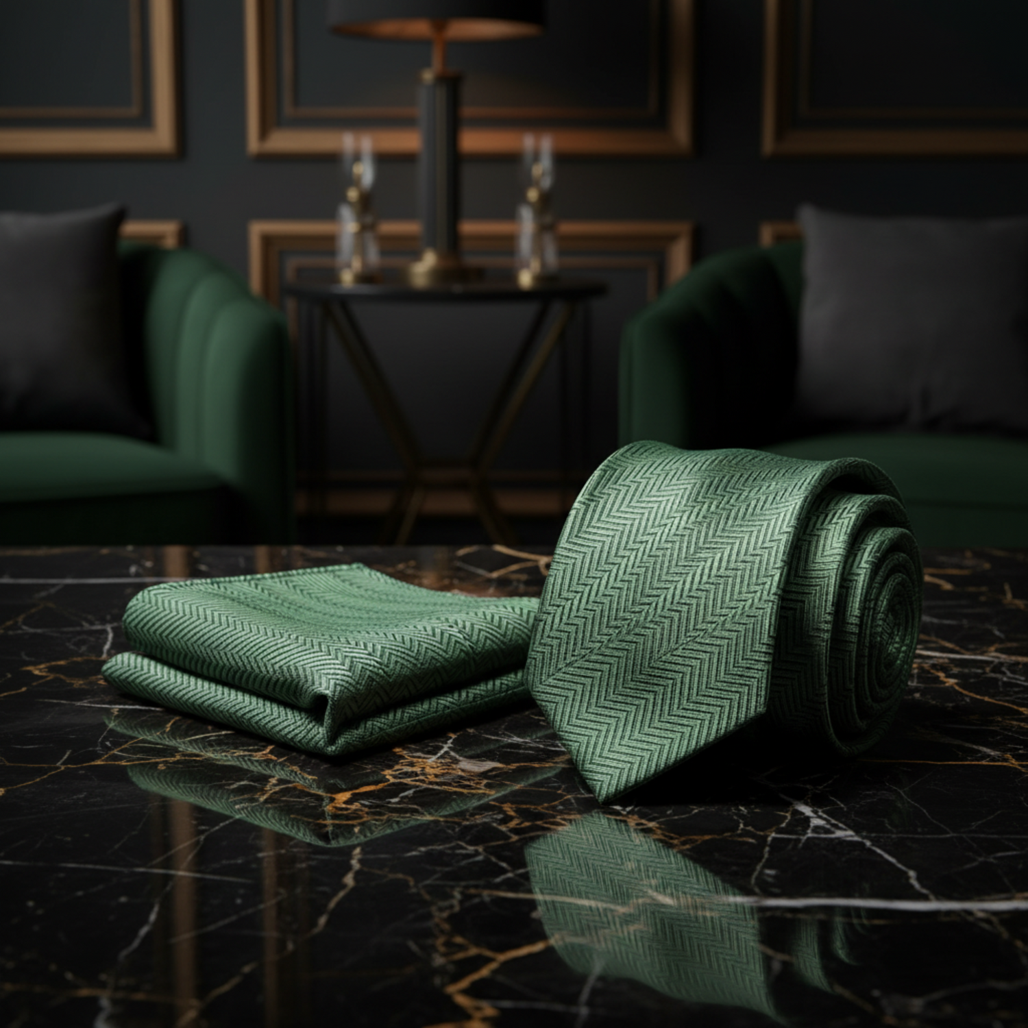 A teal blue men's necktie and matching pocket square set with a subtle herringbone pattern, displayed on a black marble surface alongside a ring box and dress shirts in the background.