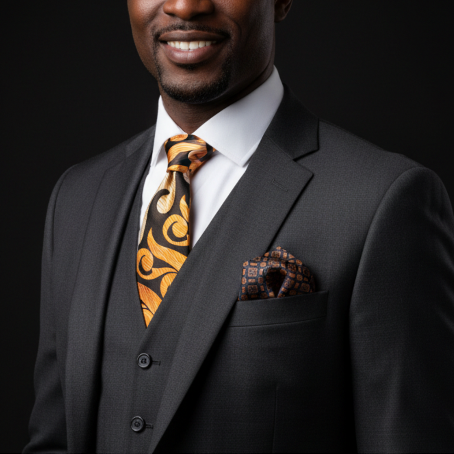 Man wearing a dark suit with an orange tie and pocket square on a black background