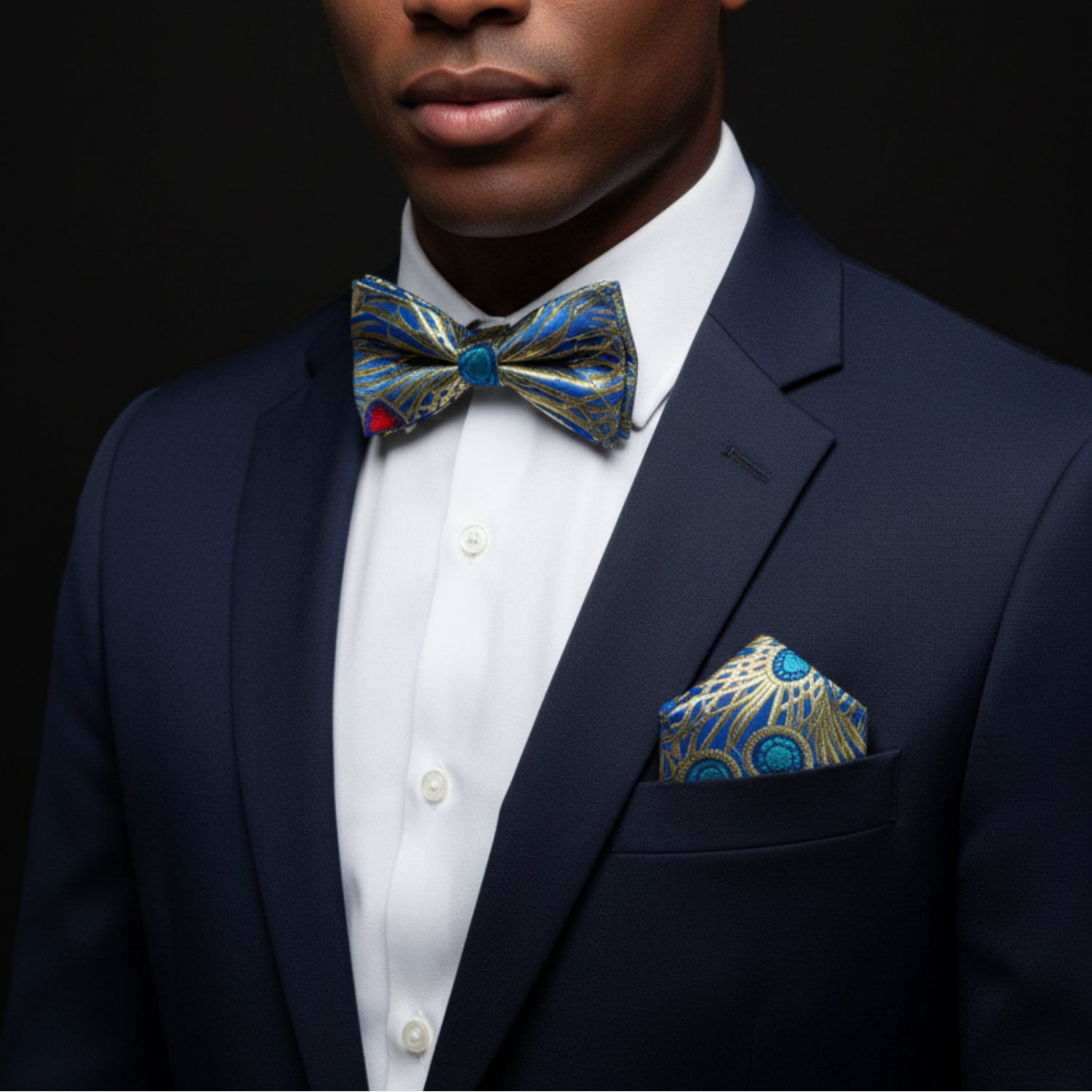 Man wearing a navy suit with a colorful bow tie and pocket square against a black background