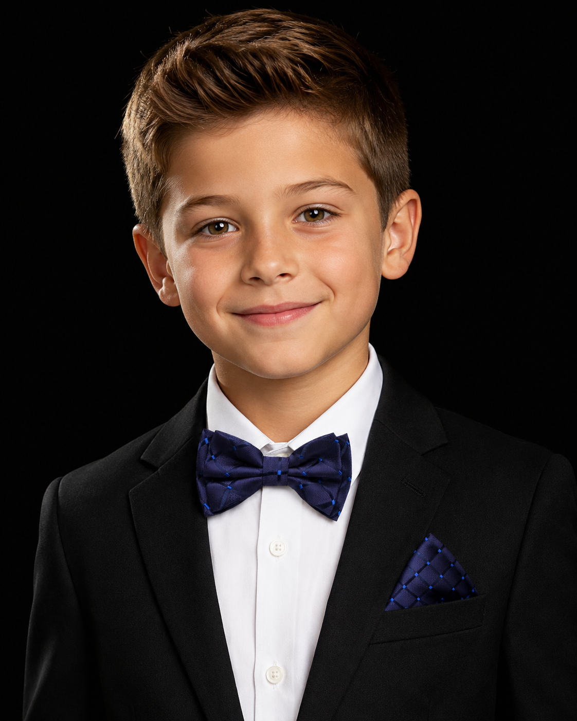 Young boy in a formal black suit with a blue bow tie on a black background