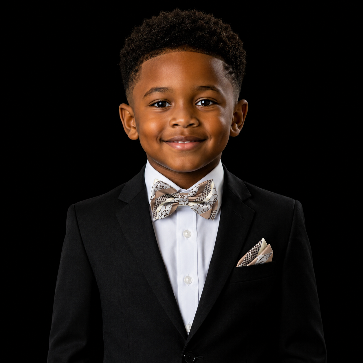 Young boy in a formal suit with a bow tie on a black background