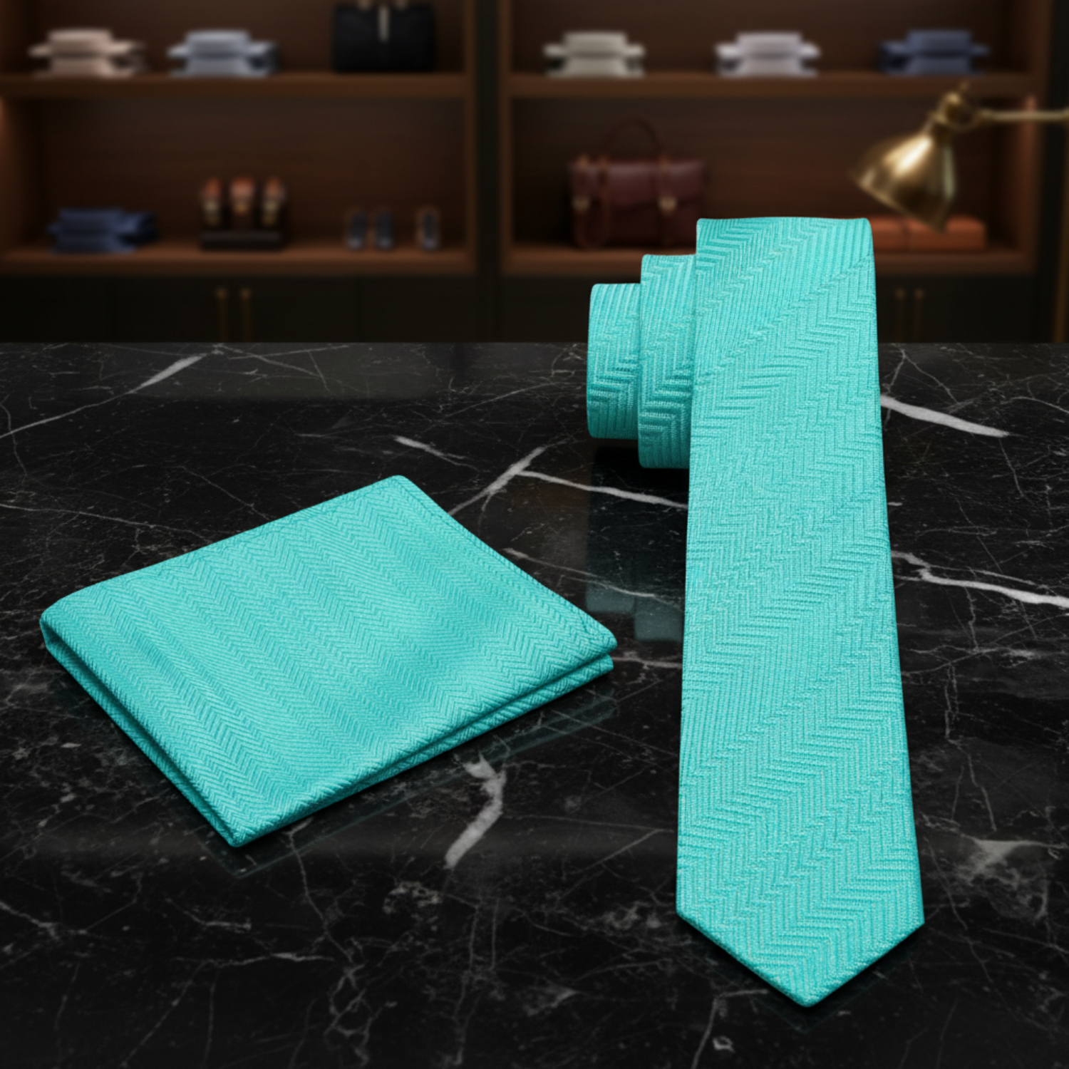 Turquoise tie and pocket square set on a white background