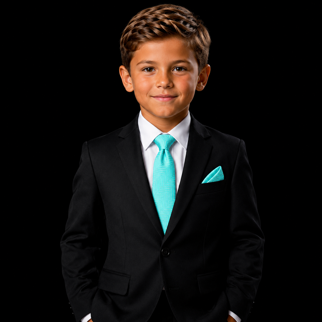 Young boy in a black suit with a turquoise tie and pocket square on a black background