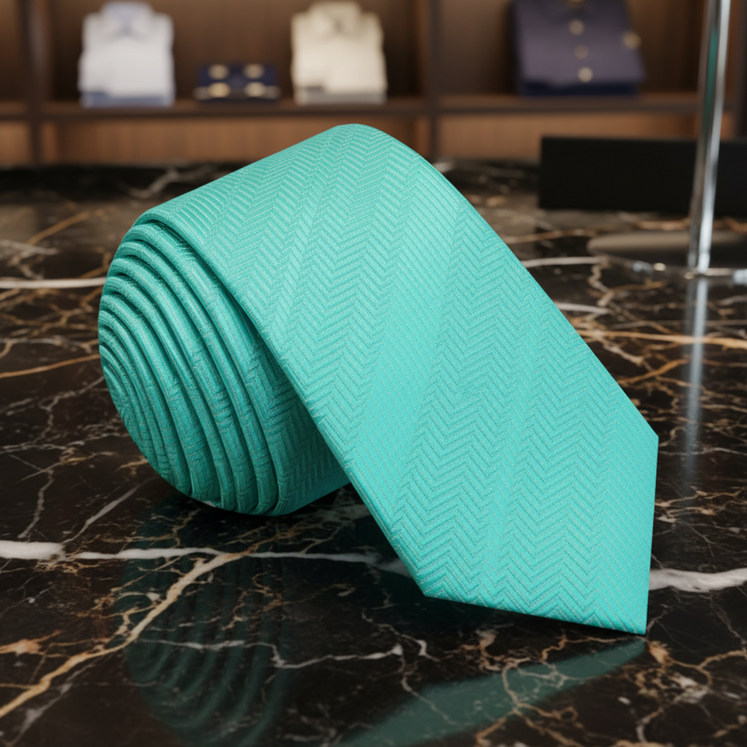 Turquoise tie with a subtle pattern on a white background
