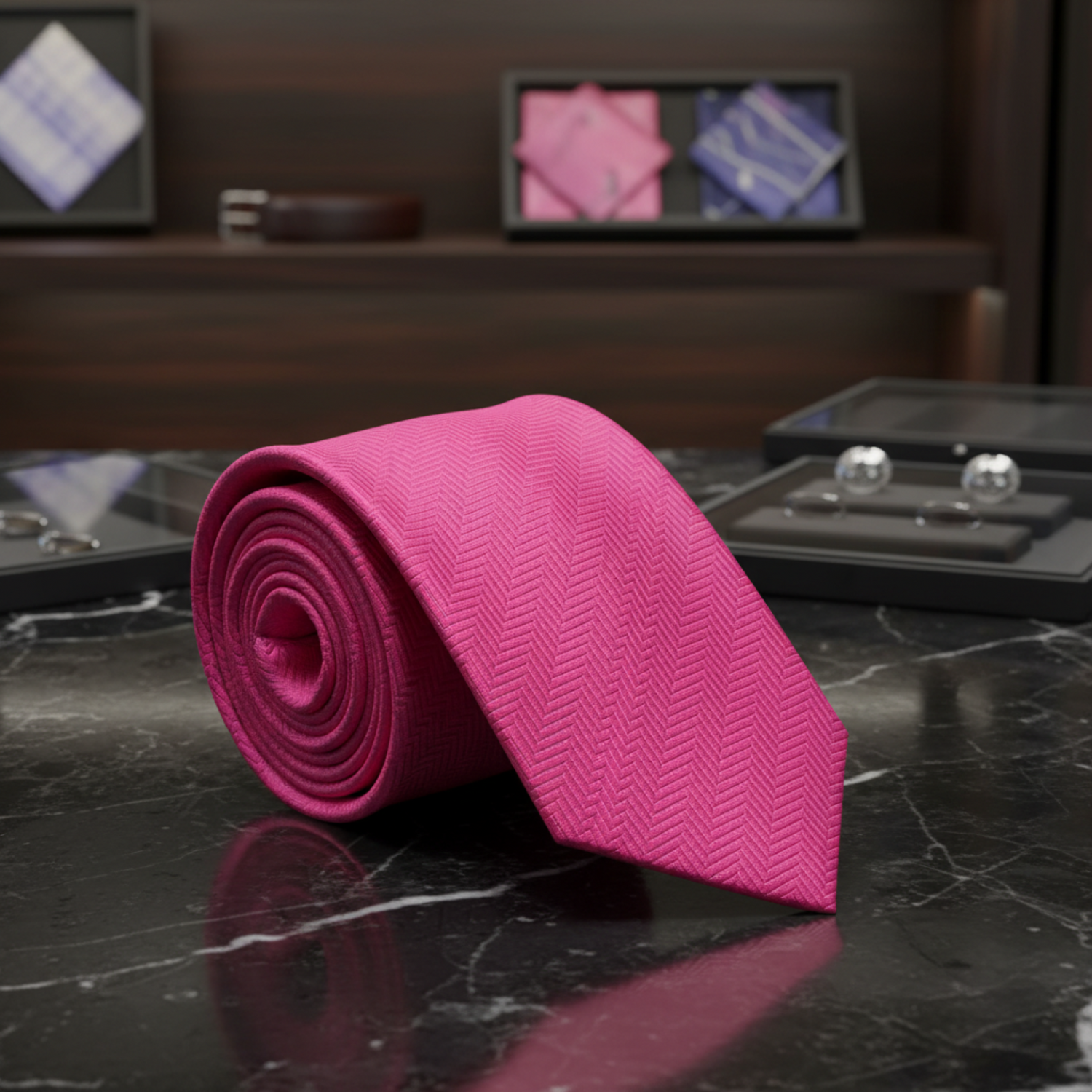A rolled-up bright pink necktie with a subtle textured herringbone pattern, displayed on a clean white background.
