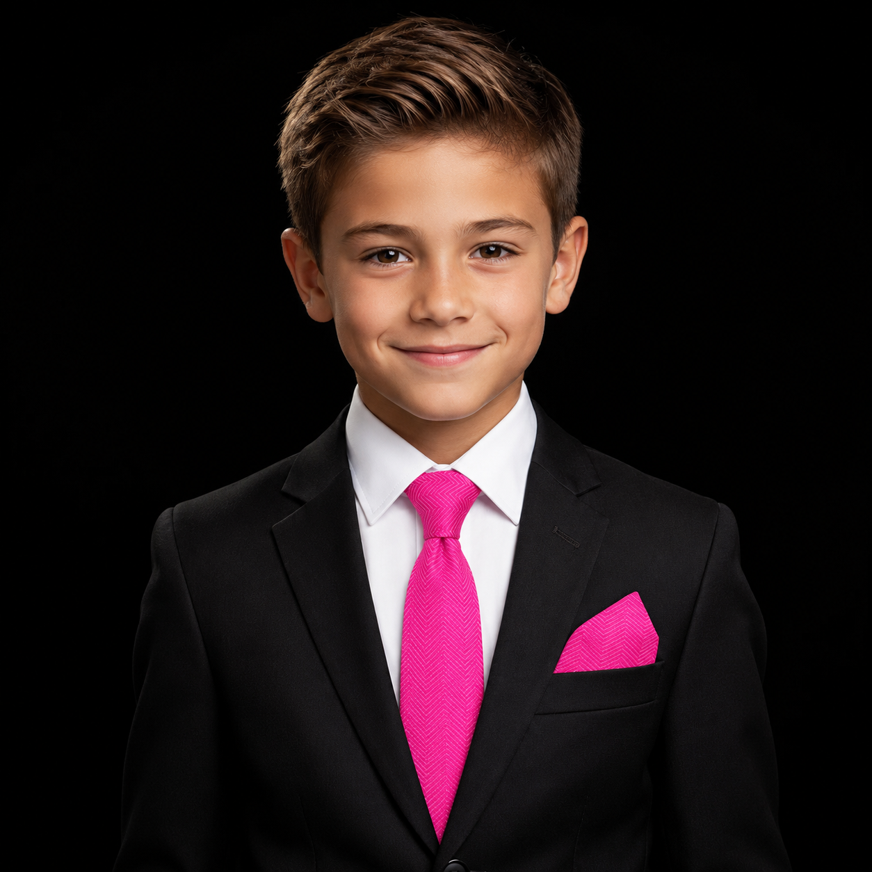 A young boy wearing a black suit jacket, white dress shirt, bright pink tie, and matching pink pocket square, photographed against a solid black background.