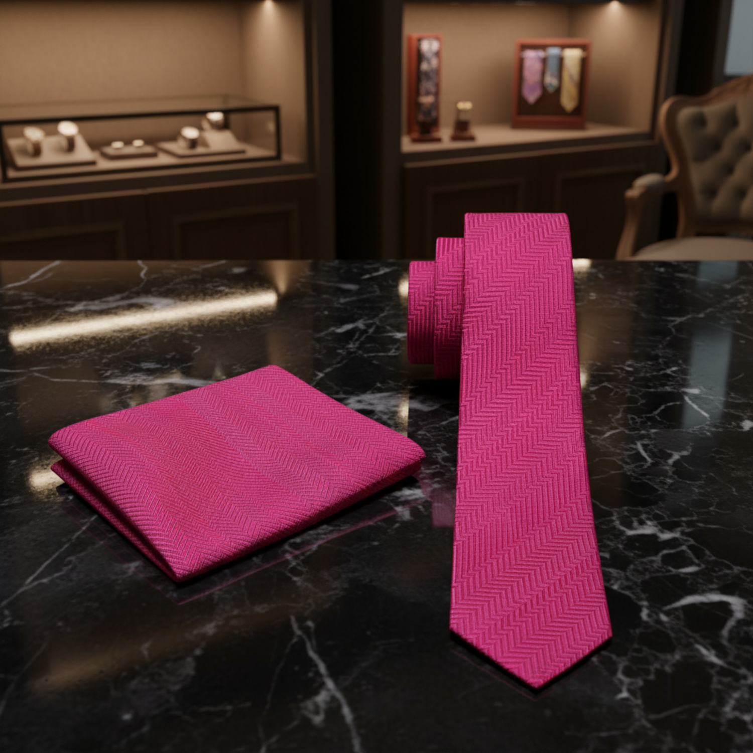 A bright pink necktie and matching pocket square set with a subtle herringbone pattern, displayed on a clean white background.