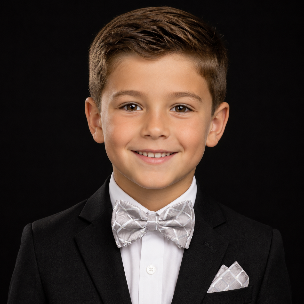 Young boy in a formal suit with a bow tie against a black background