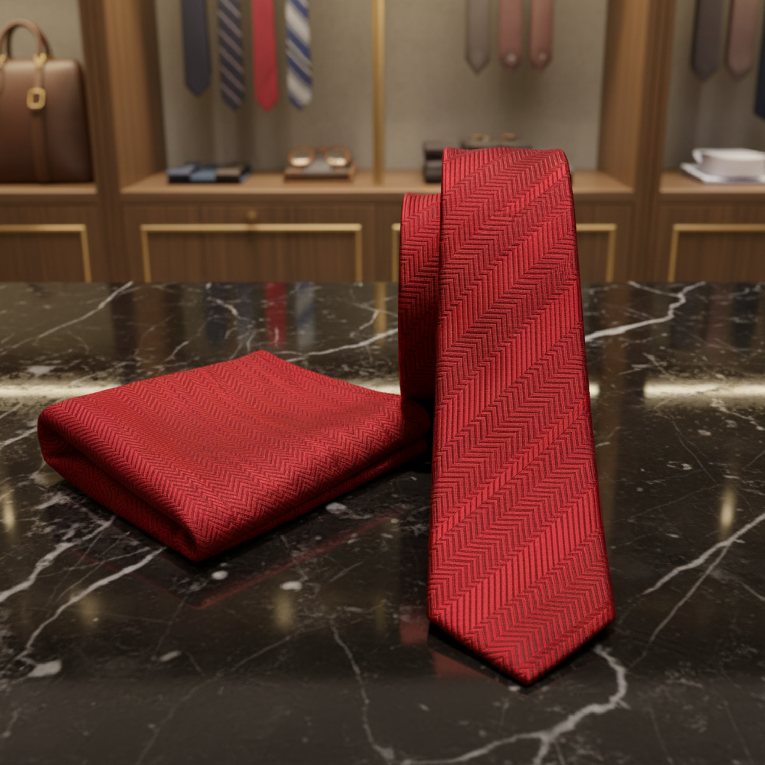 red tie and square on black marble table in store
