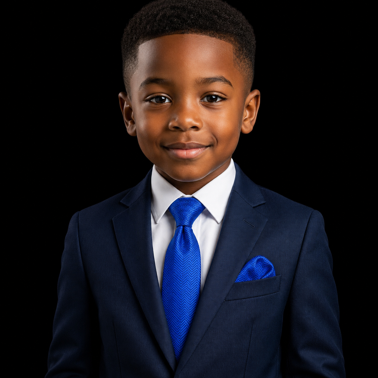boy wearing royal blue necktie and square with suit