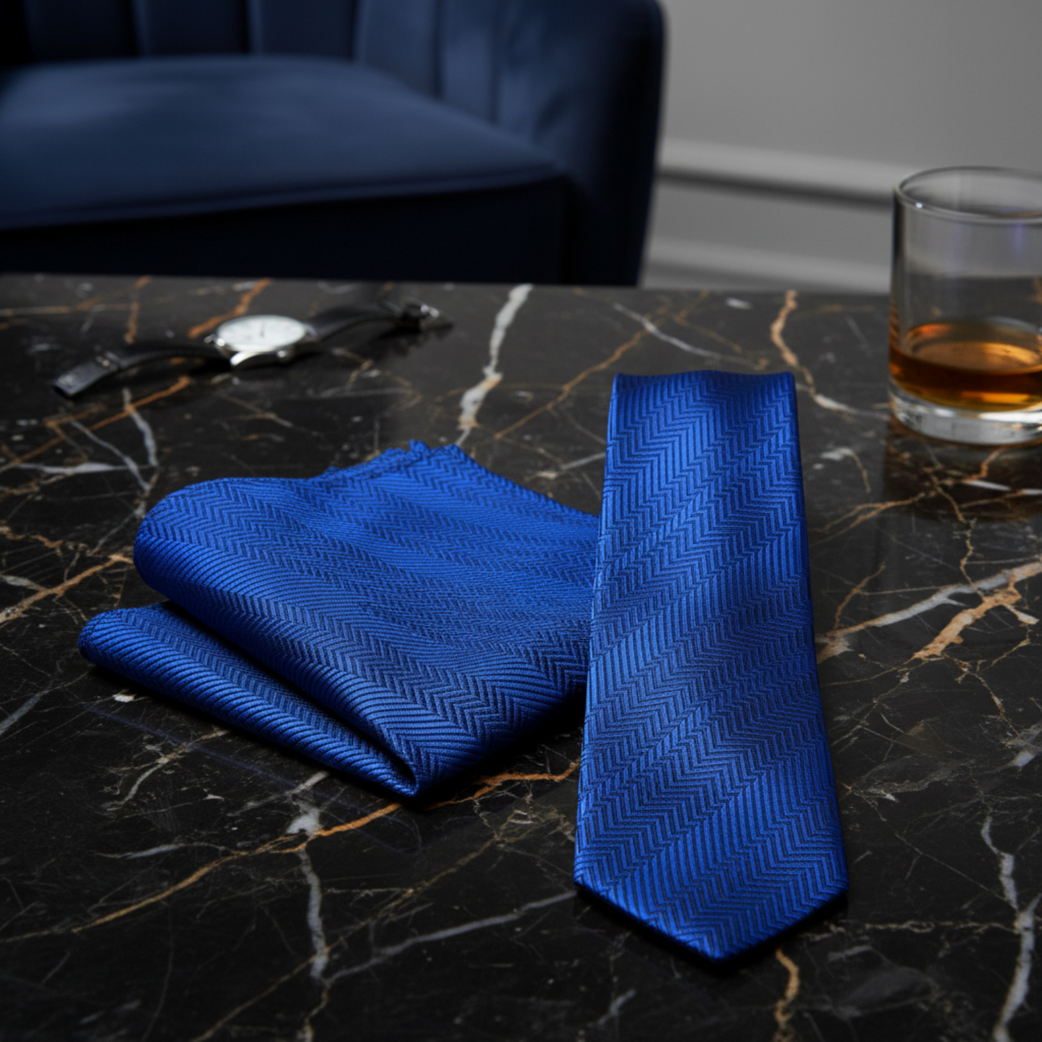 royal blue tie and square