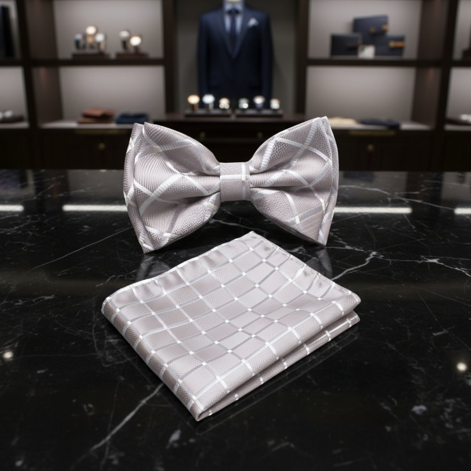 Gray checkered bow tie and pocket square set on a white background