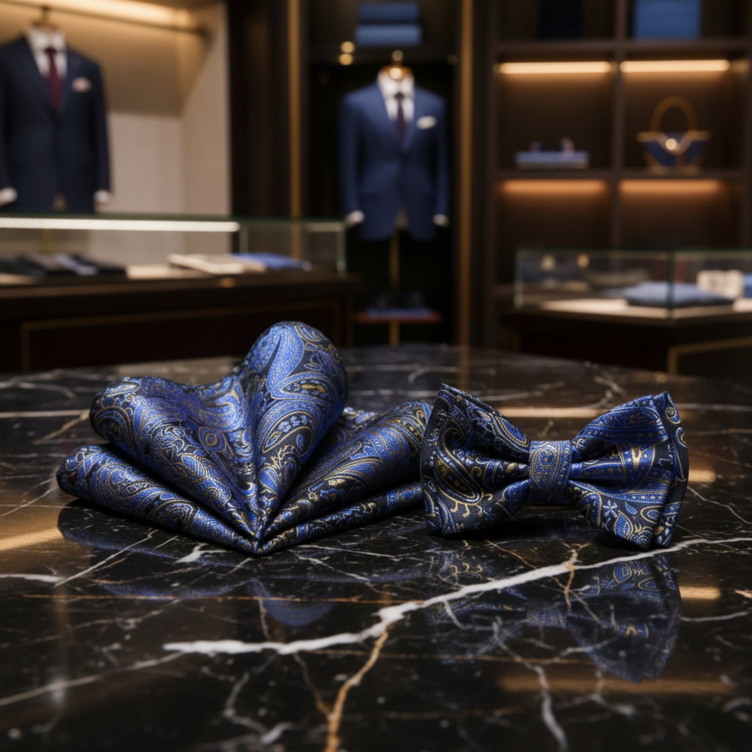 A matching men's accessory set featuring a necktie and a folded pocket square, both decorated with a detailed blue, gold, and black paisley pattern, displayed on a clean white background.