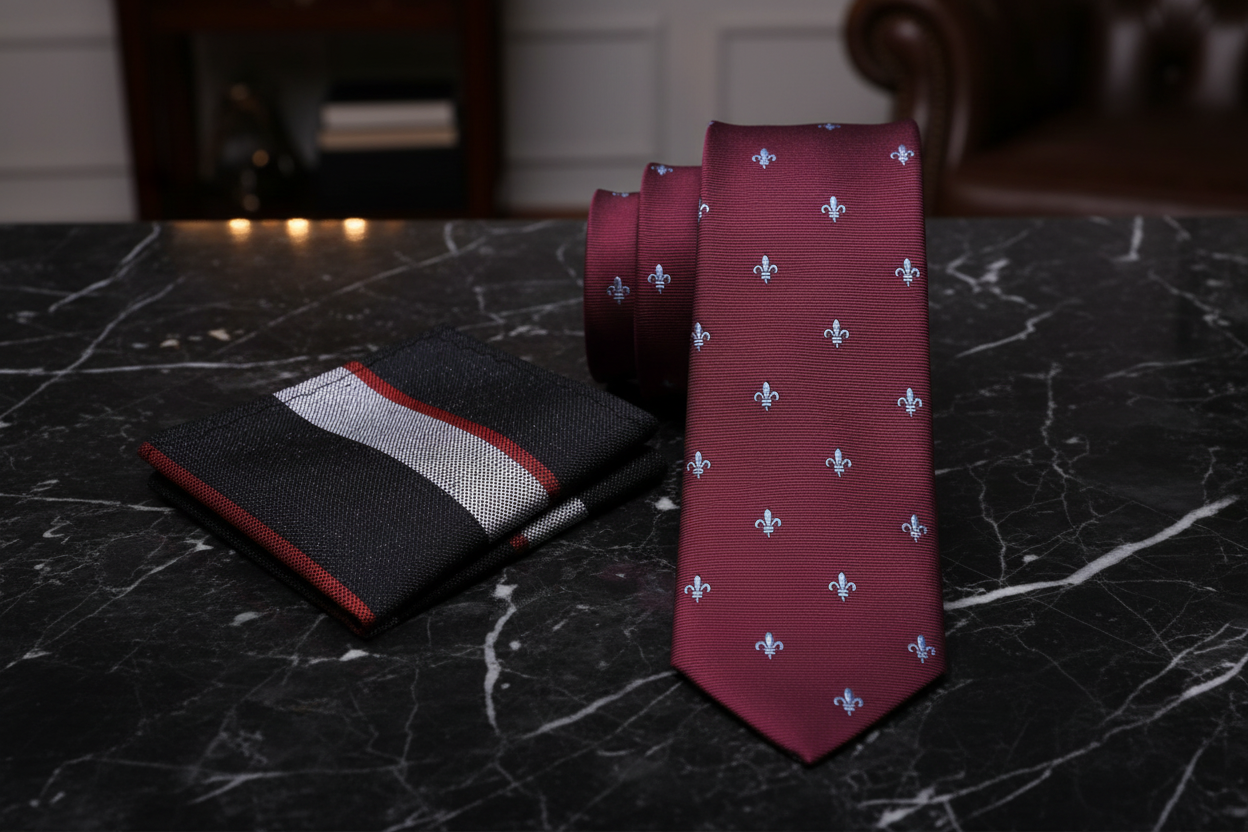 Deep Red and Grey Fleur De Lis Tie and Accenting Square 12 and Accenting Pocket Square