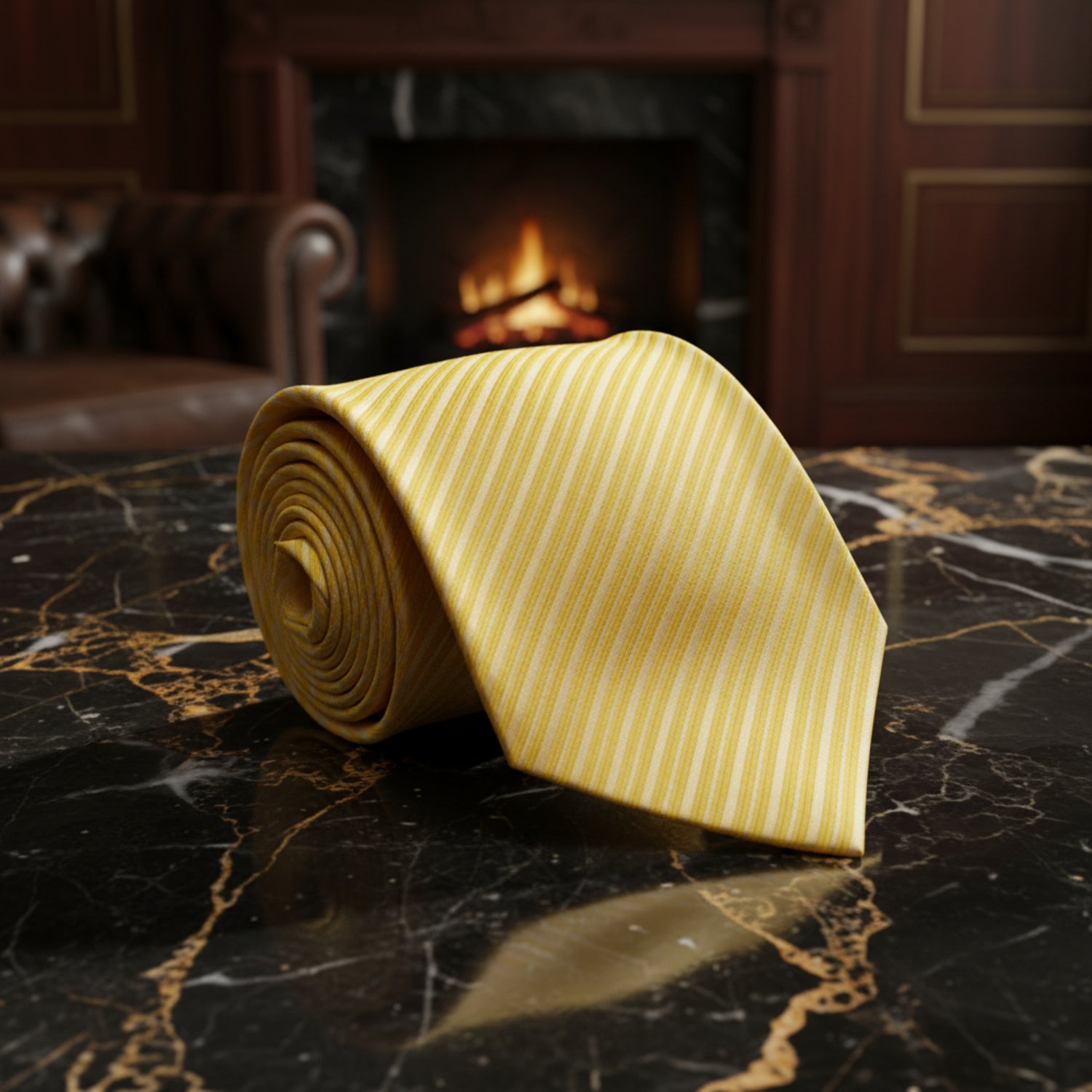 A rolled yellow necktie with thin vertical white stripes, displayed on a clean white background.