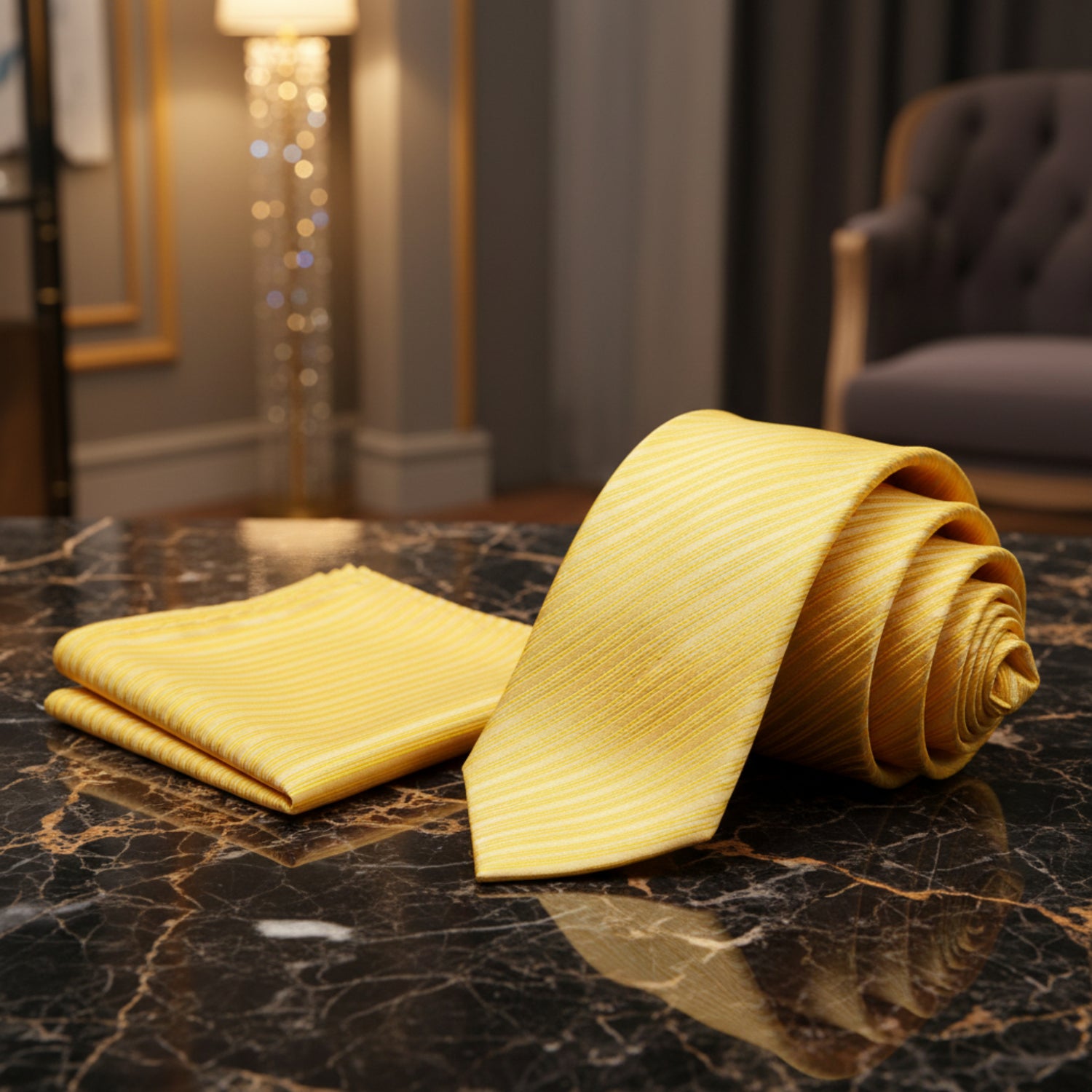 A yellow necktie and matching pocket square set with thin diagonal white stripes, displayed on a clean white background.