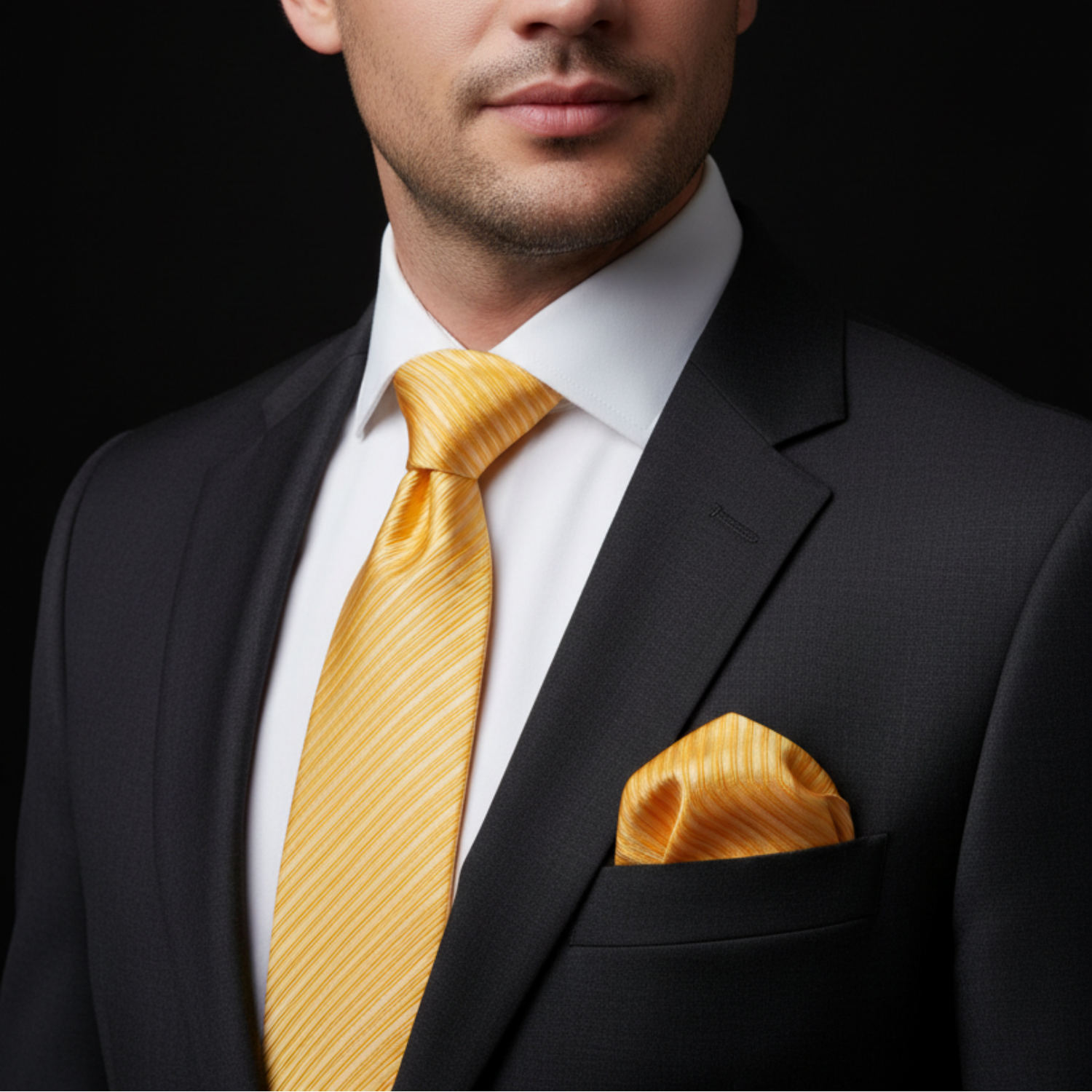 Man wearing a black suit with a yellow tie and pocket square on a dark background