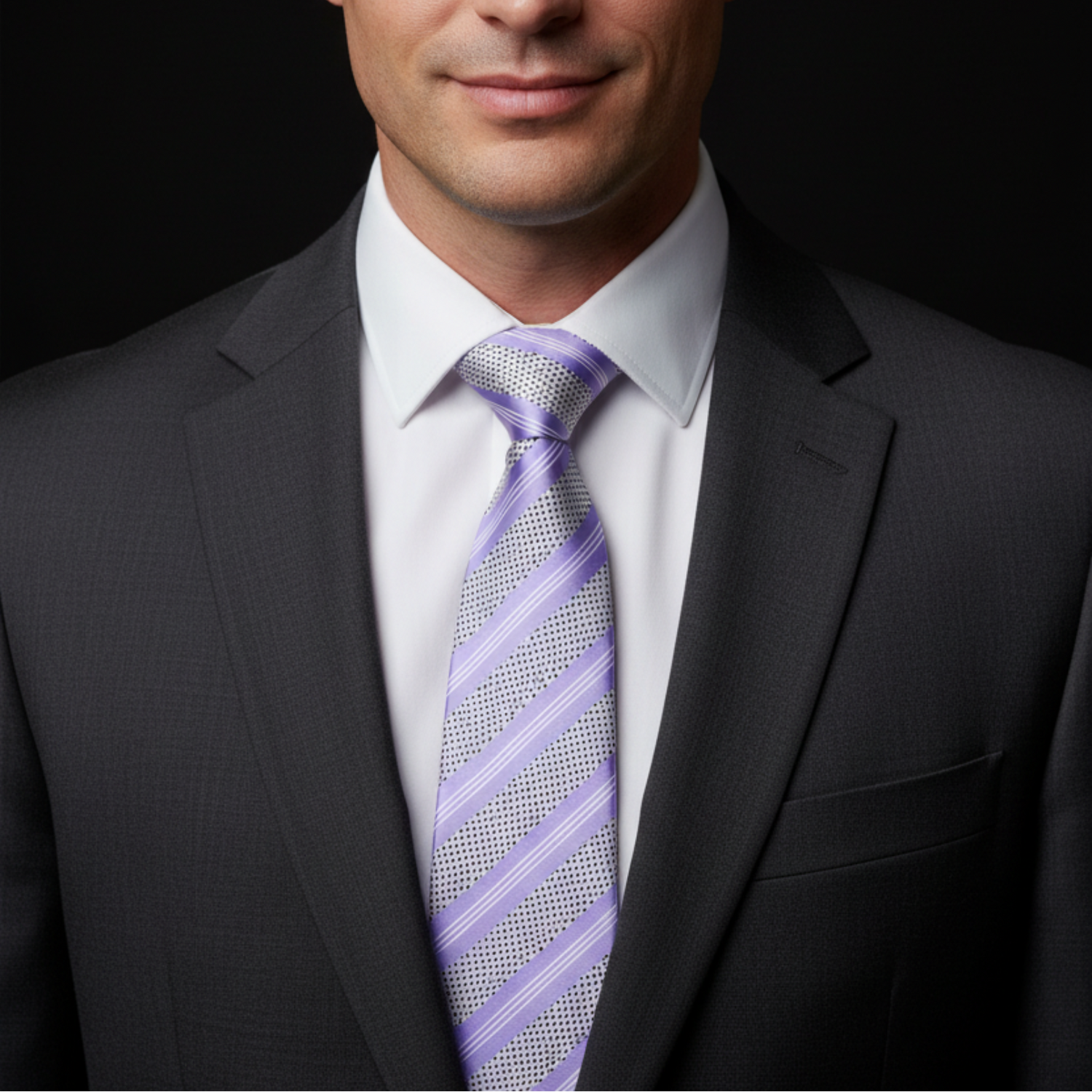 Man wearing a dark suit with a light purple striped tie against a black background
