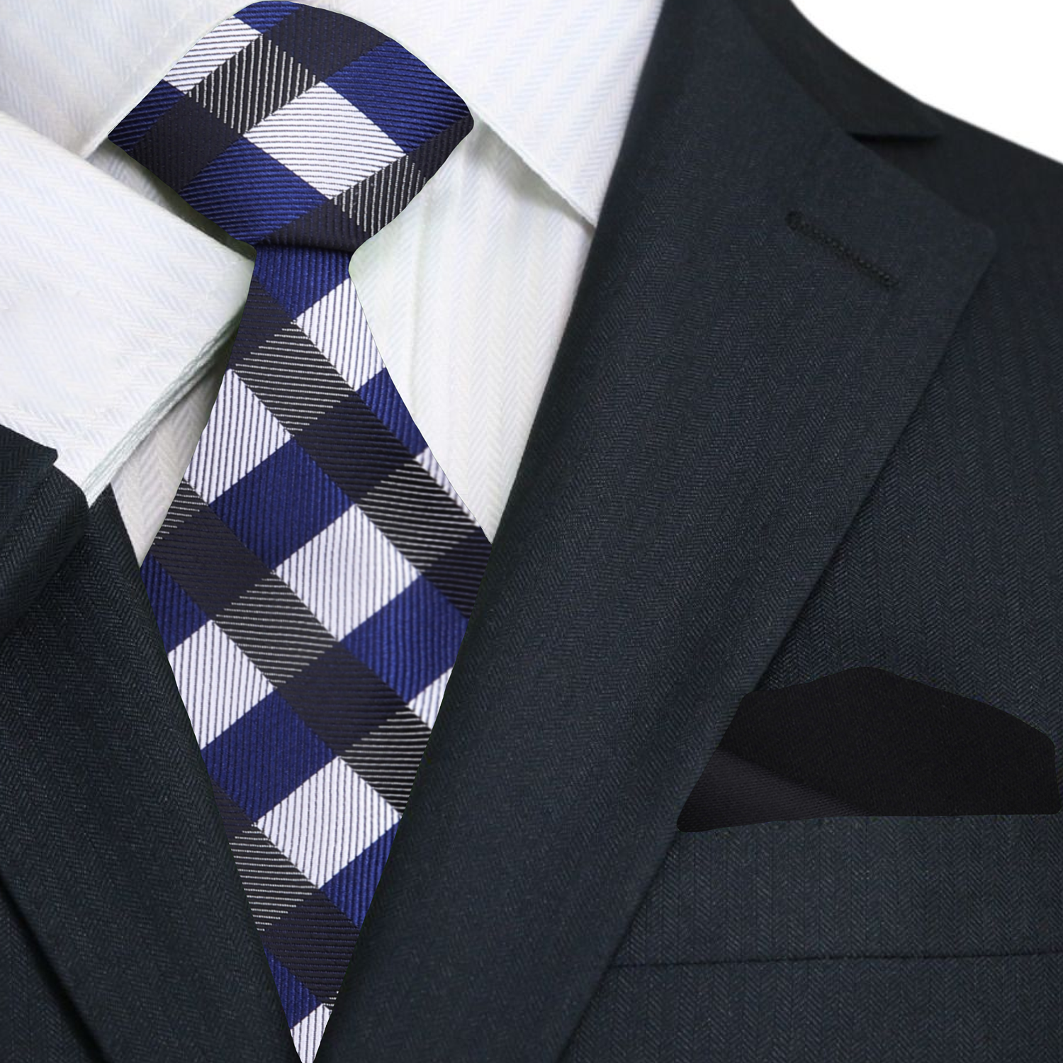 Light Grey, Black and Blue Check necktie and Black Square
