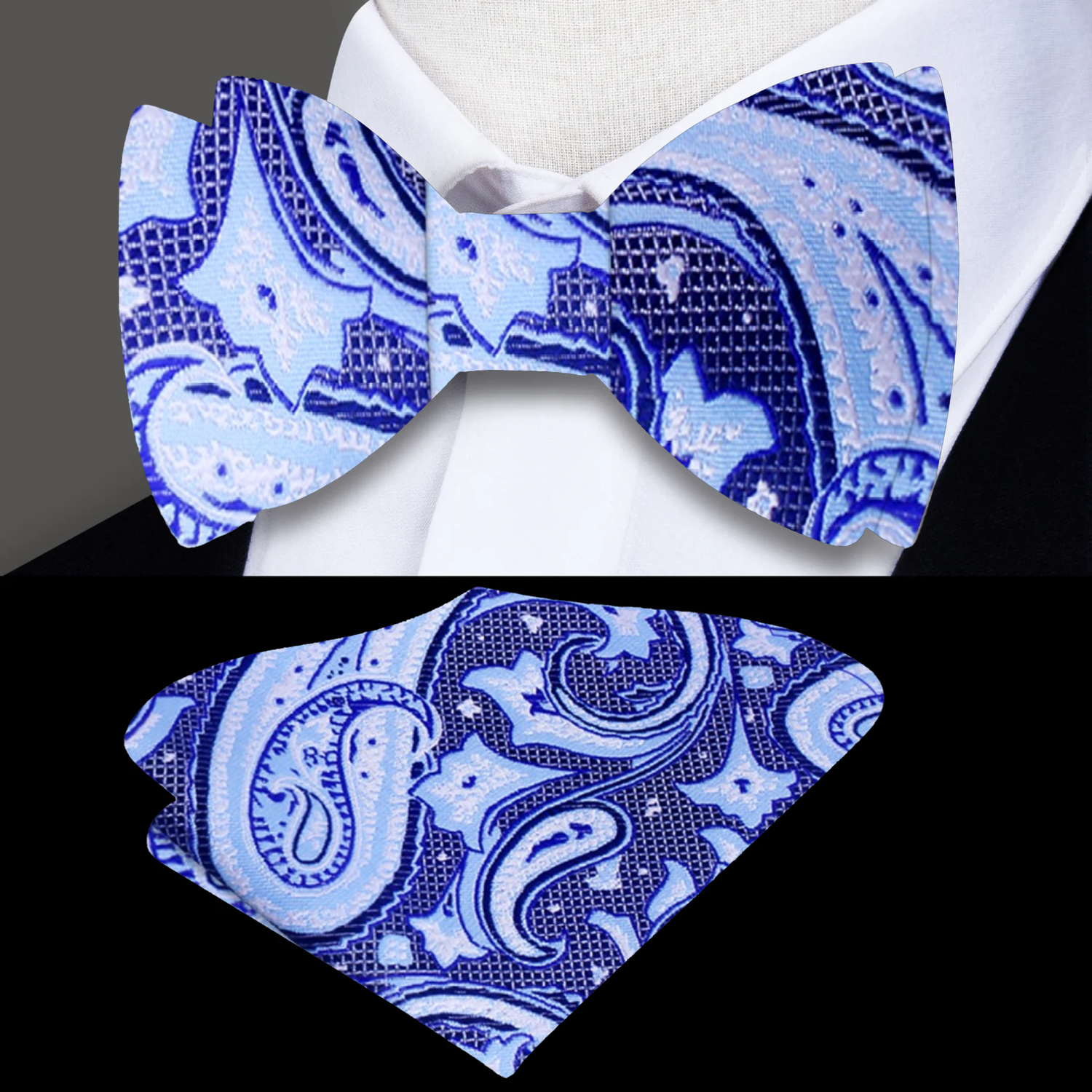 Light Blue, Blue Paisley Bow Tie and Pocket Square