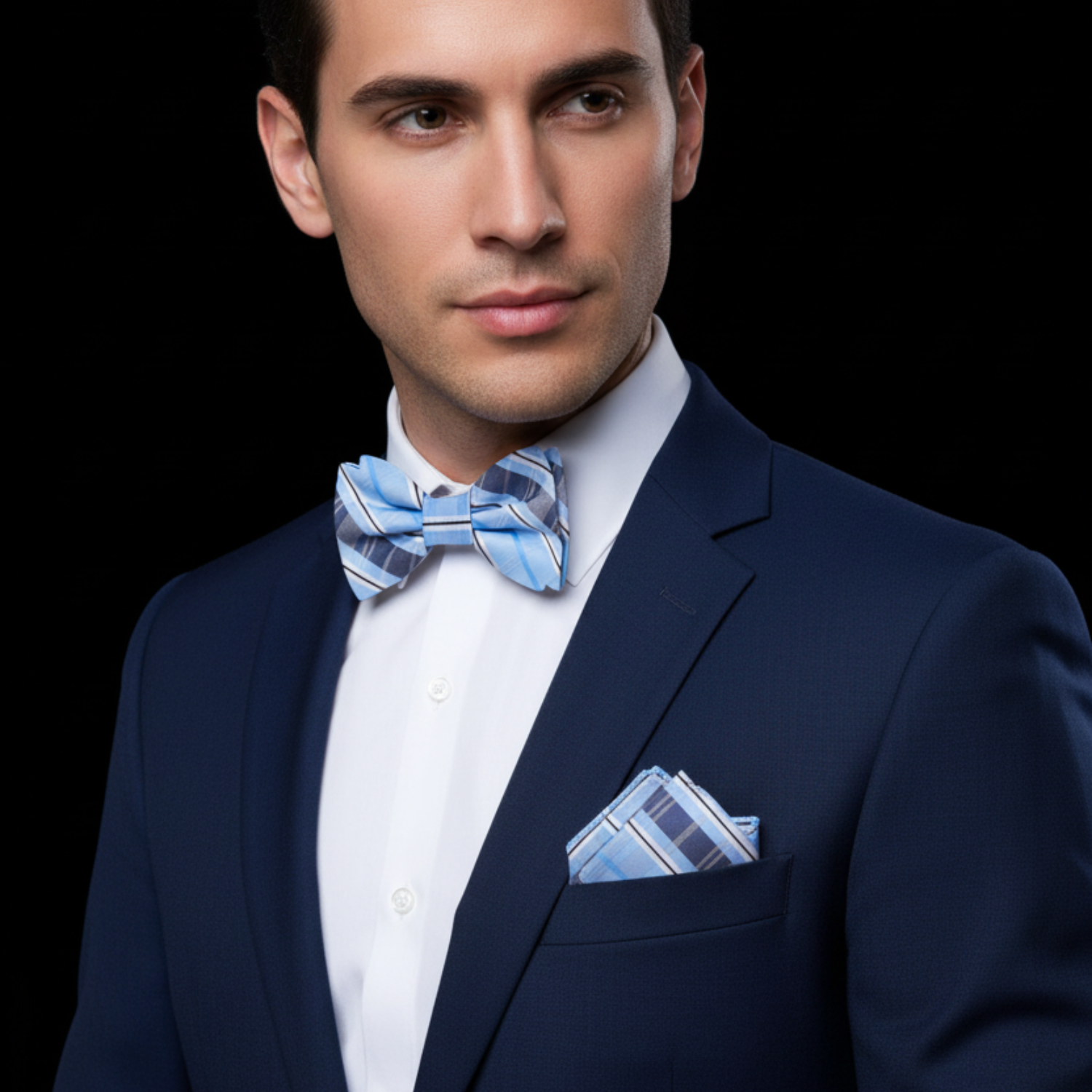 Man wearing a navy suit with a blue bow tie and pocket square on a black background
