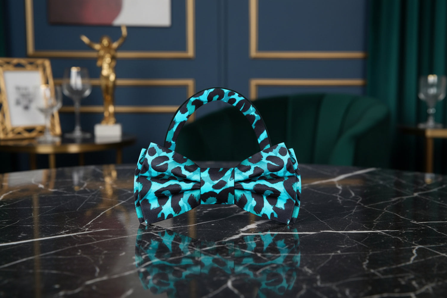 Light Blue, Black Cheetah Bow tie pre Tied