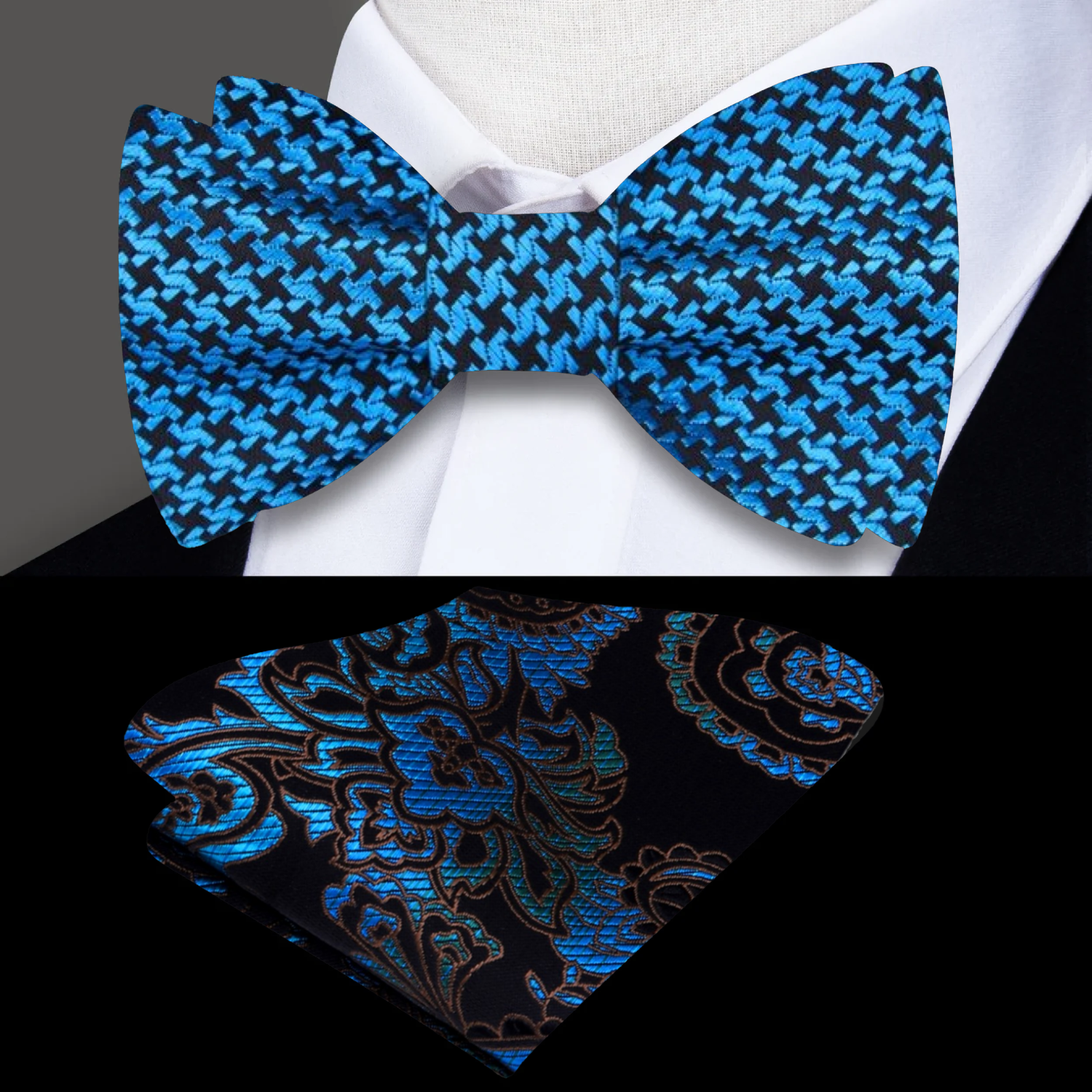 Teal and Black Hounds Tooth Bow Tie and Accenting Square