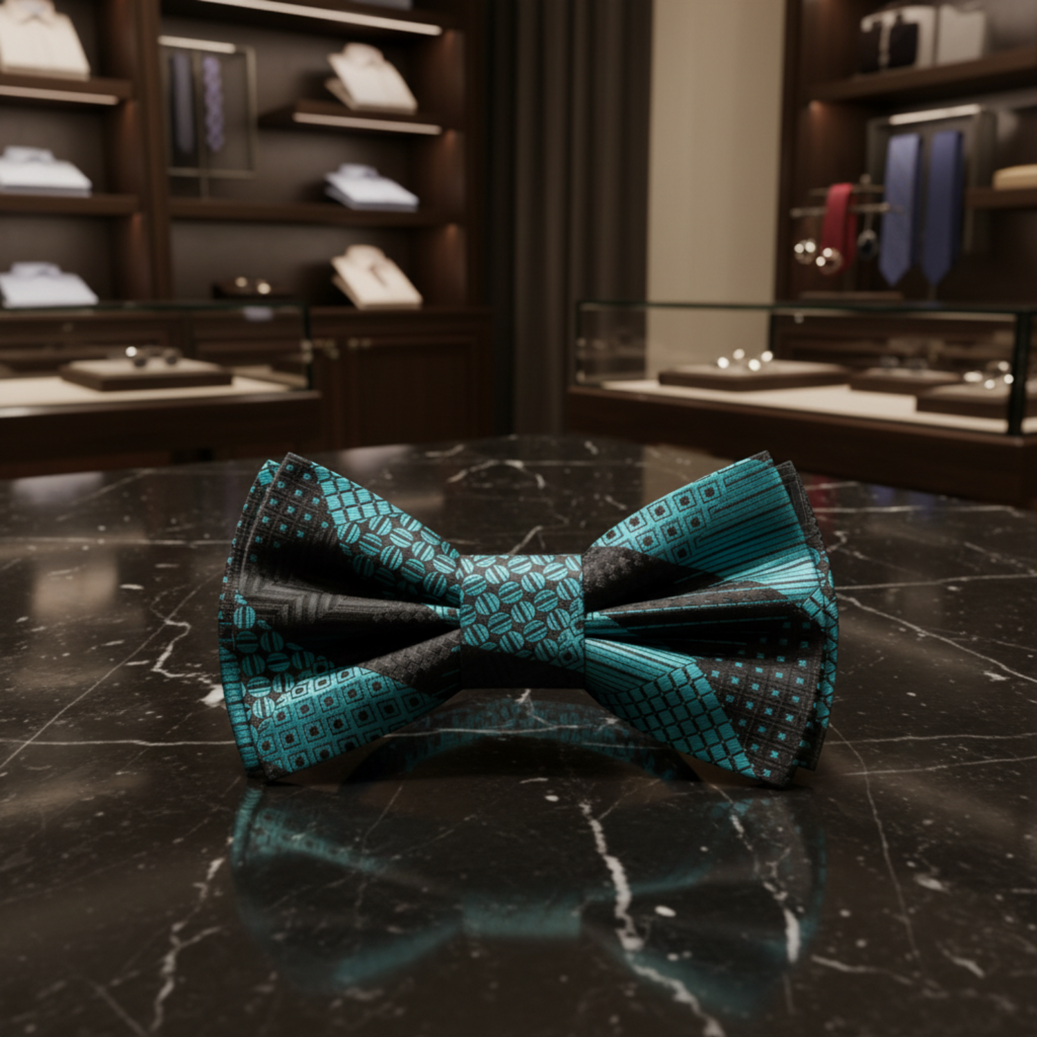 Graphite, Teal Geometric Bow Tie pre tied