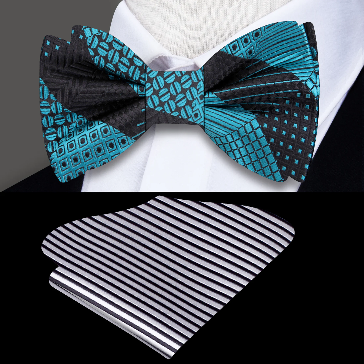 Graphite, Teal Geometric Bow Tie and Accenting Pocket Square||Graphite, Teal