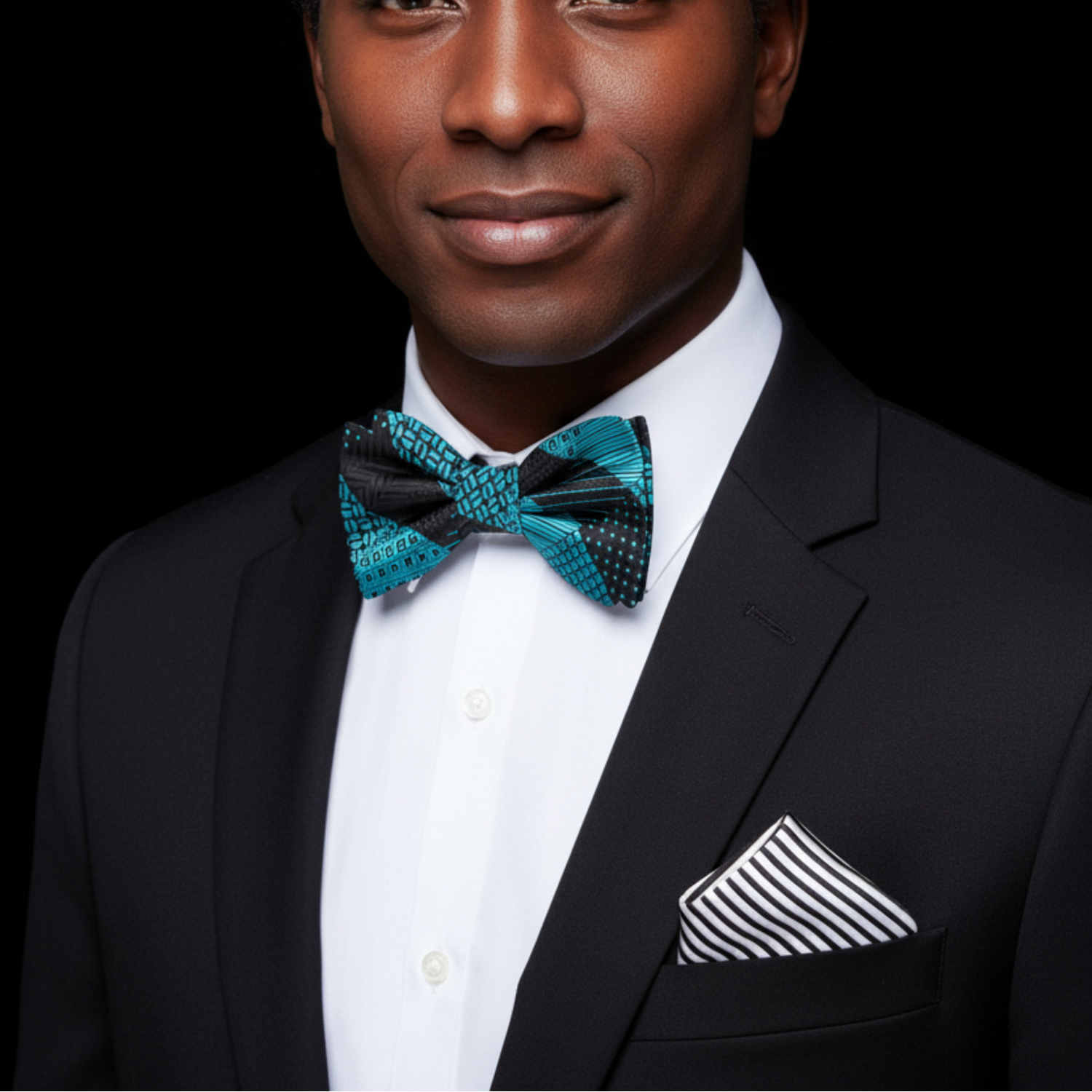 Man wearing a black suit with a white shirt and teal bow tie on a black background