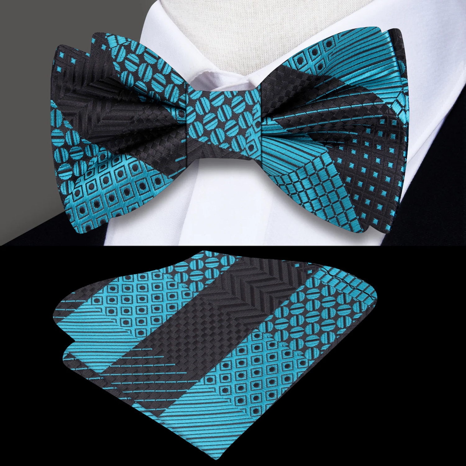 Graphite, Teal Geometric Bow Tie and Pocket Square||Graphite, Teal