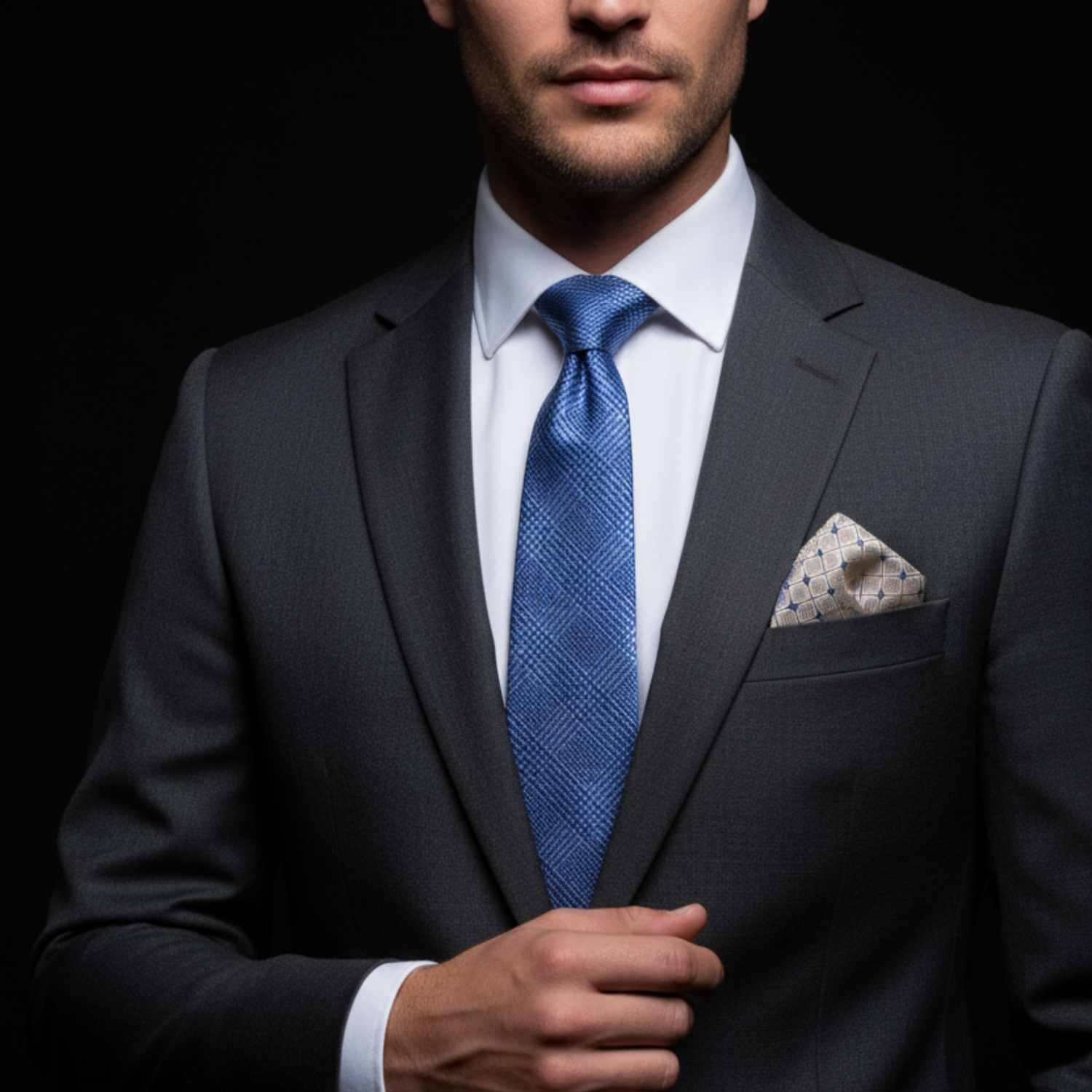 Man wearing a dark suit with a blue tie and patterned pocket square on a black background