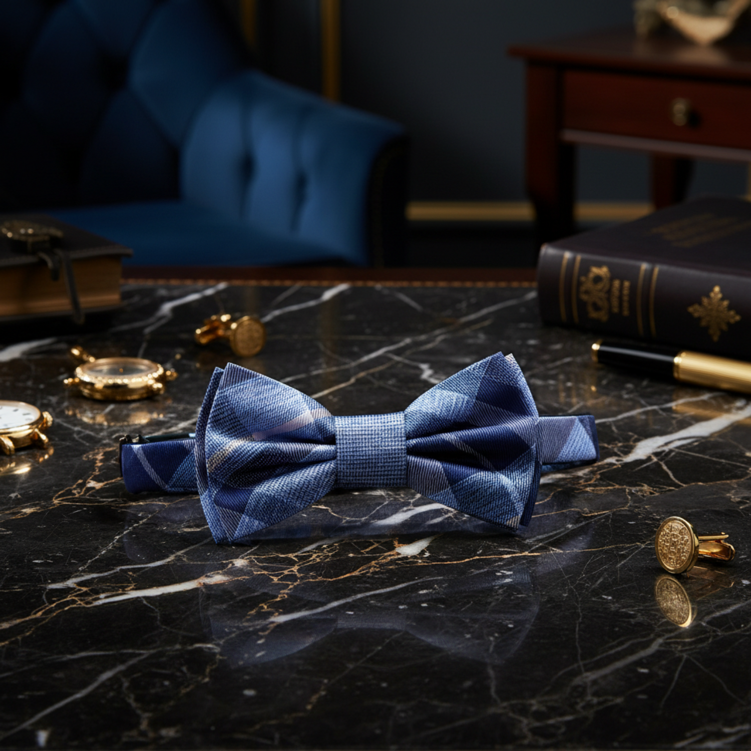 Dark Blue, Blue Plaid Bow Tie Pre Tied