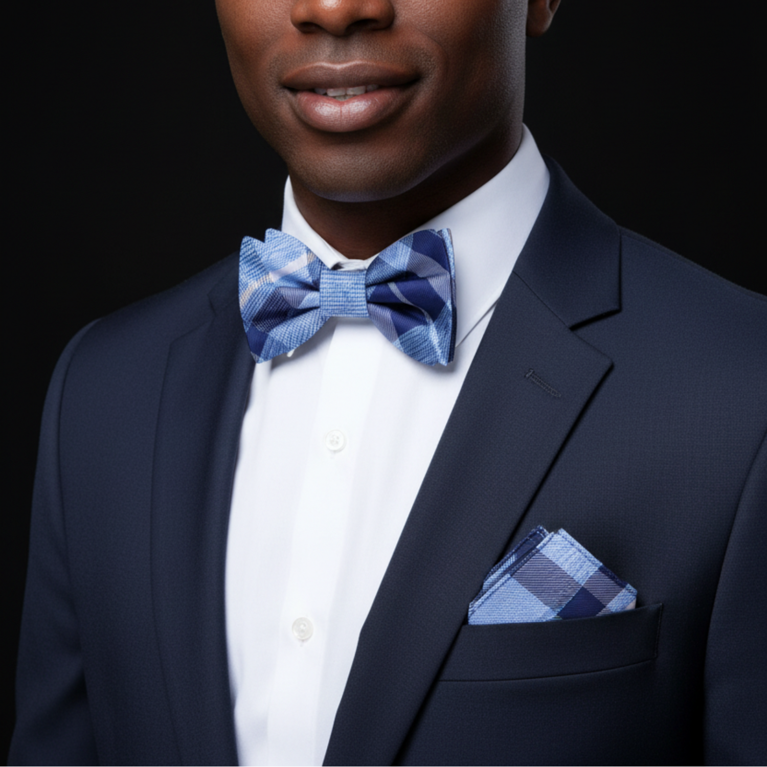 Man wearing a navy suit with a blue checkered bow tie and pocket square on a black background