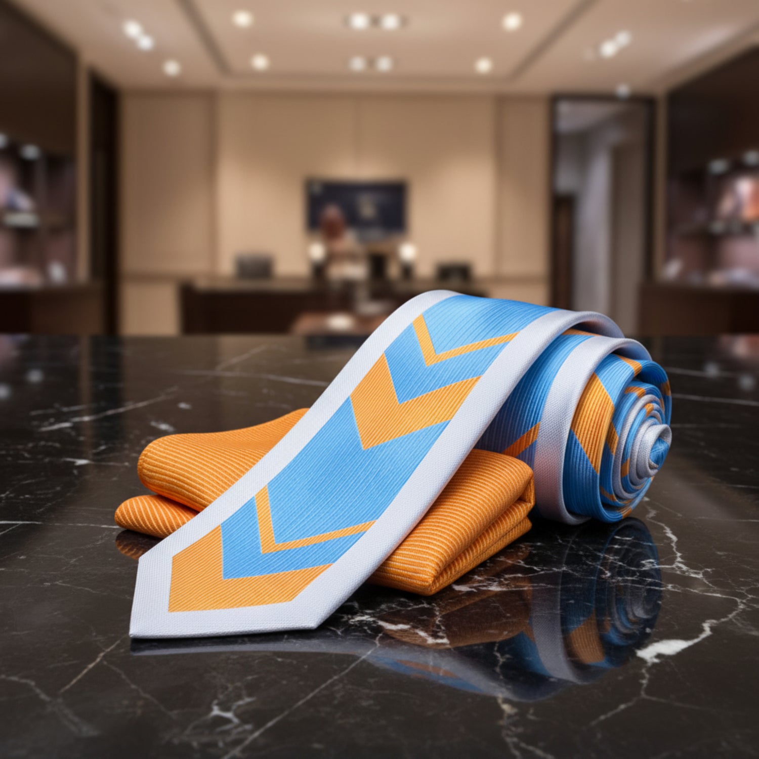 A men's necktie and matching pocket square set on a white background. The necktie features a white border with a blue and orange chevron pattern, and the matching pocket square is solid orange with a fine diagonal ribbed texture.