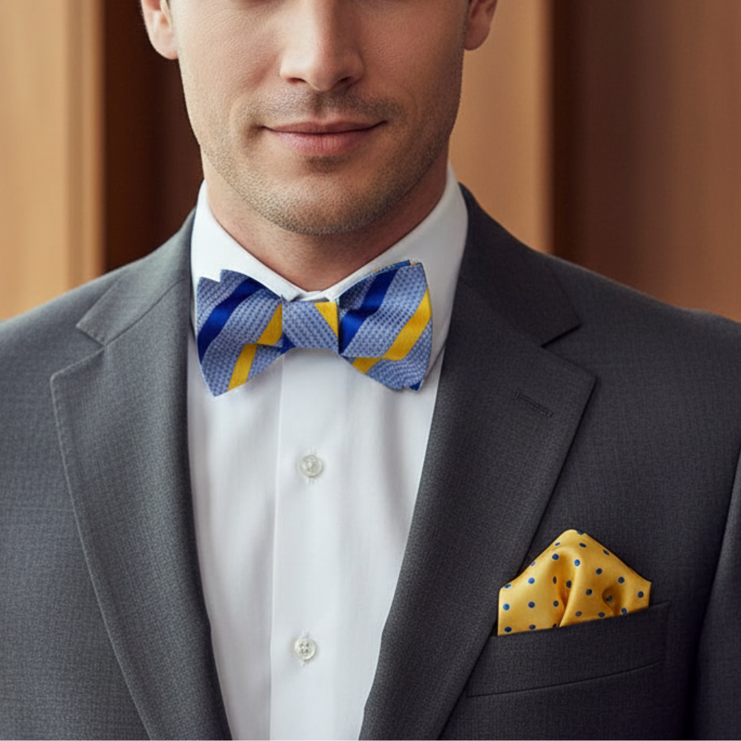 Man wearing a gray suit with a blue and yellow bow tie and yellow pocket square, standing indoors.