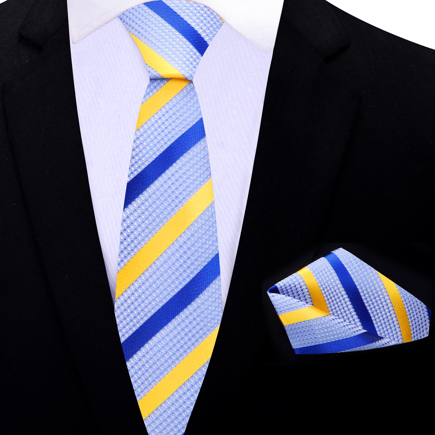 Thin  blue and yellow striped tie and pocket square