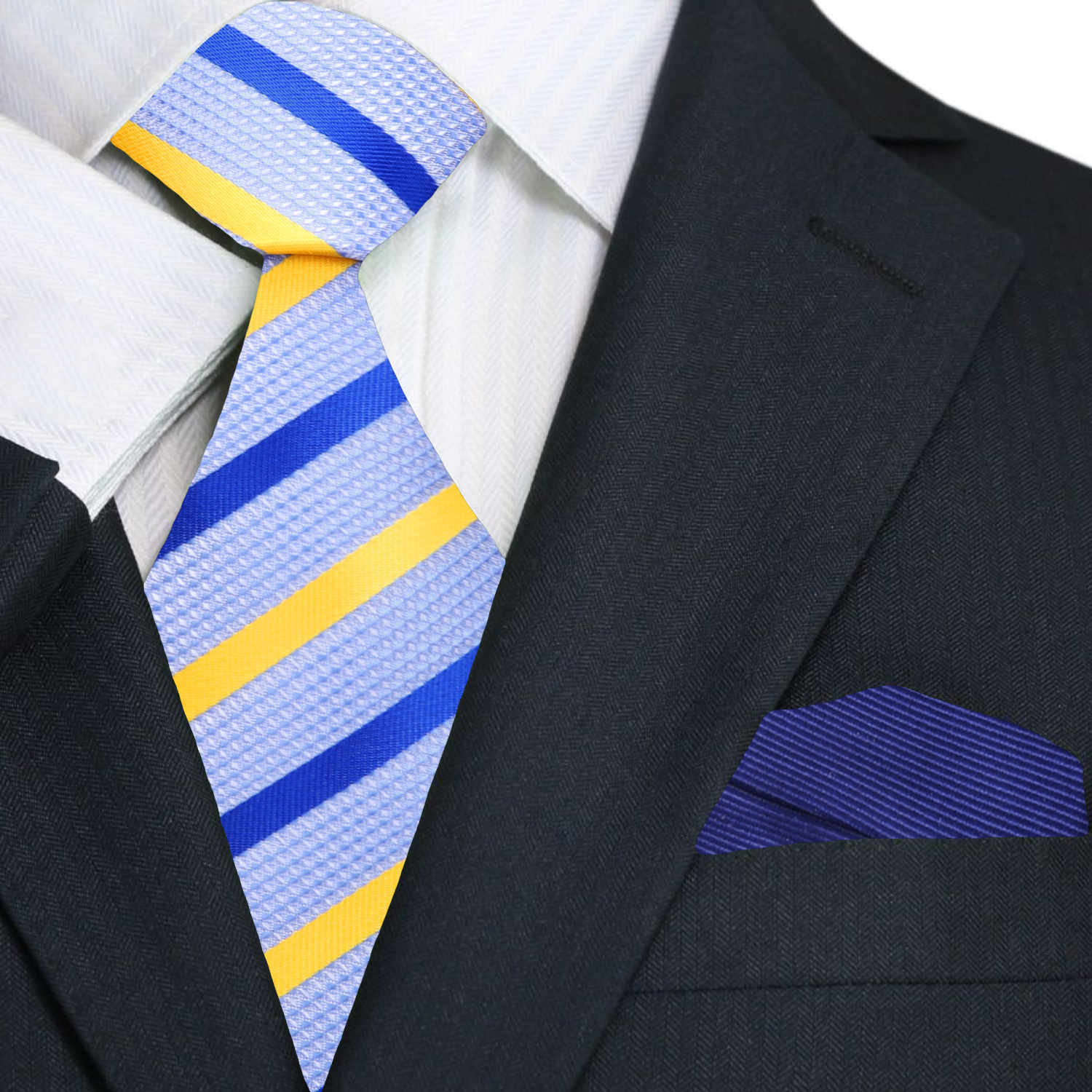 Main  blue and yellow striped tie with blue square