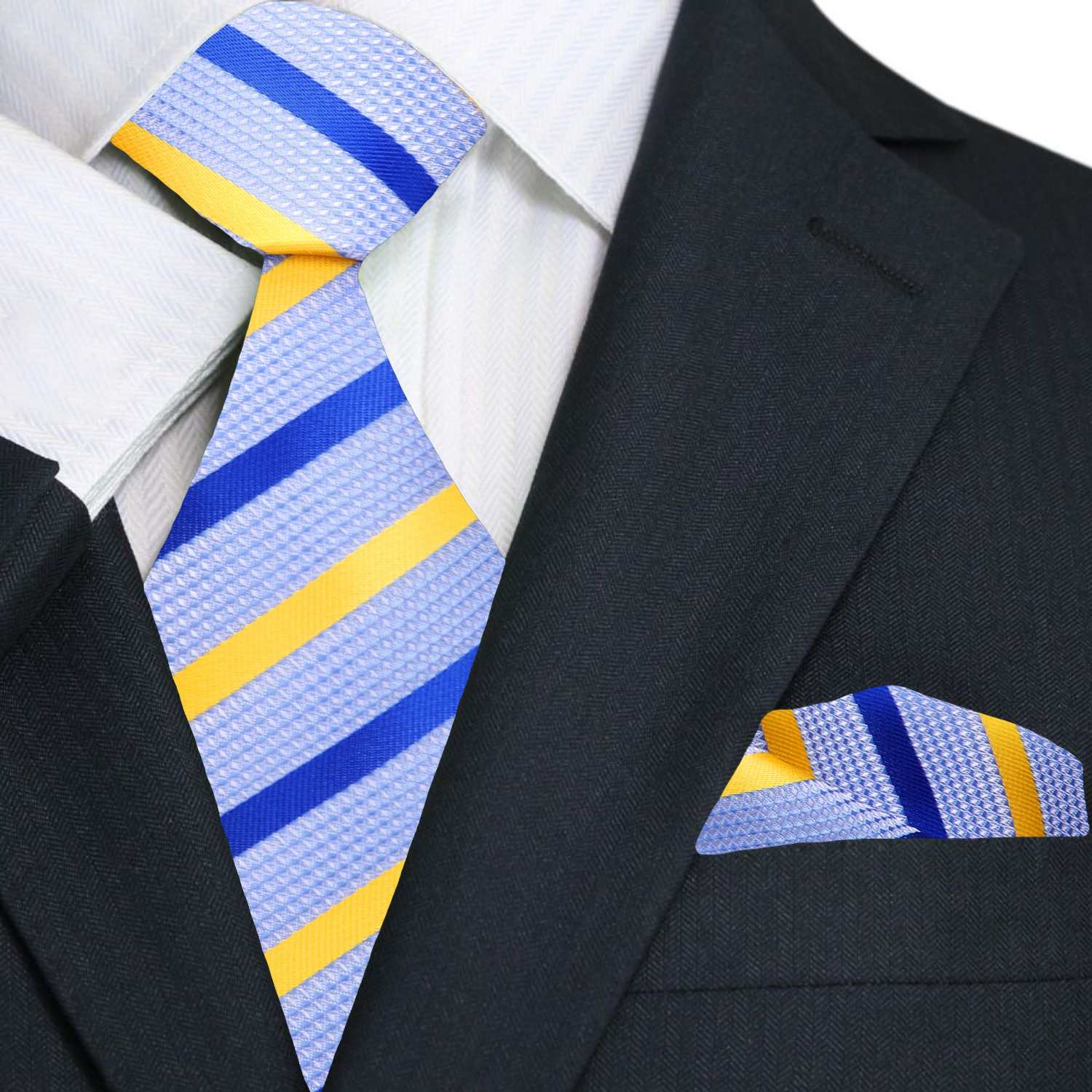 Main: blue and yellow striped tie and pocket square