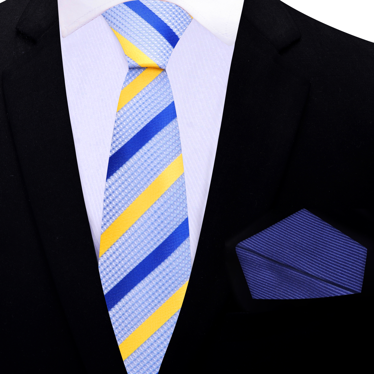 Thin Tie:  blue and yellow striped tie with blue square
