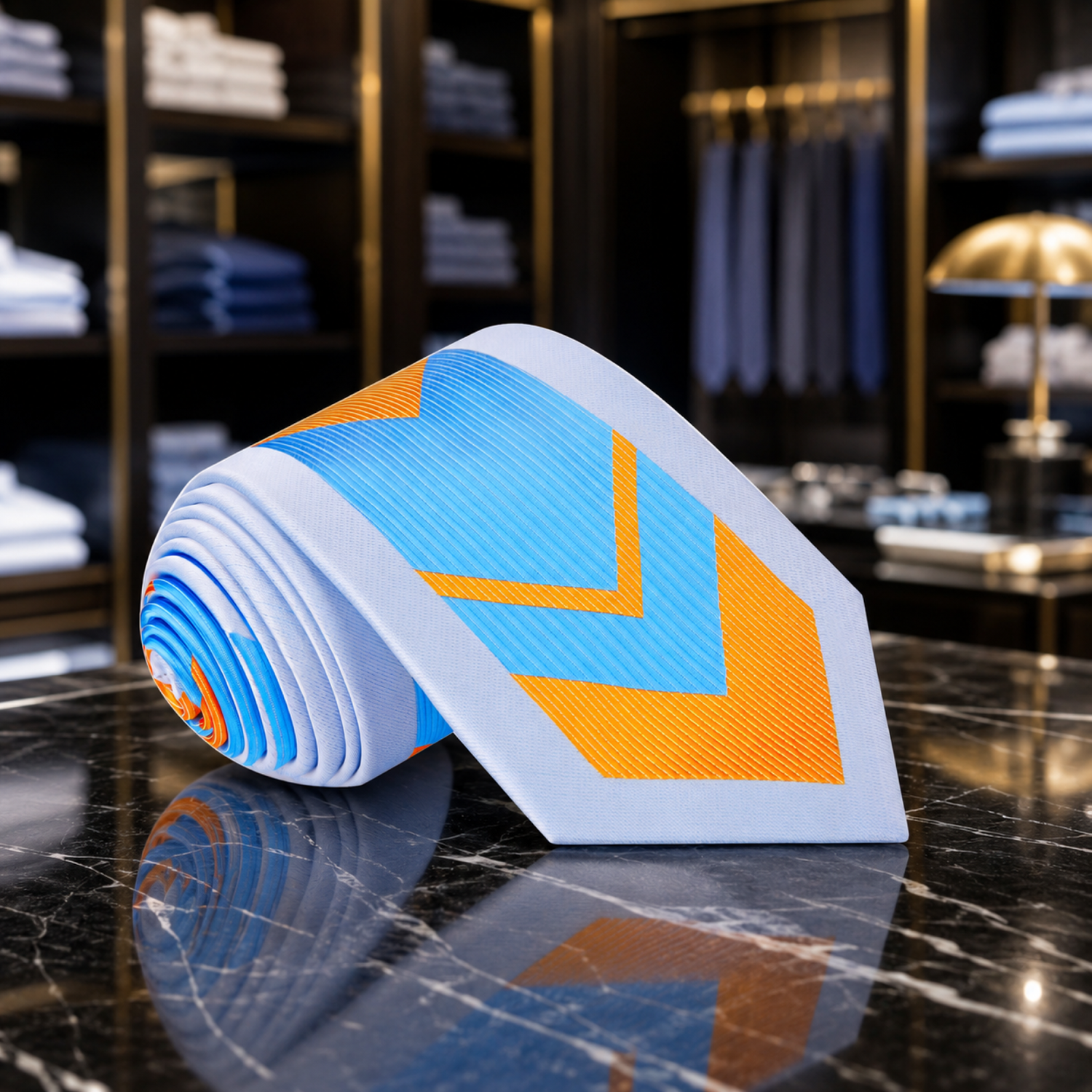 Abstract Chevron Necktie in Blue with Pink or Orange Accents