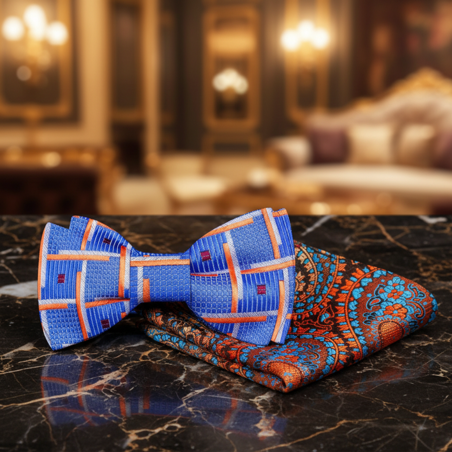 Light Blue, Orange and White Lines Bow Tie and Accenting Paisley Square