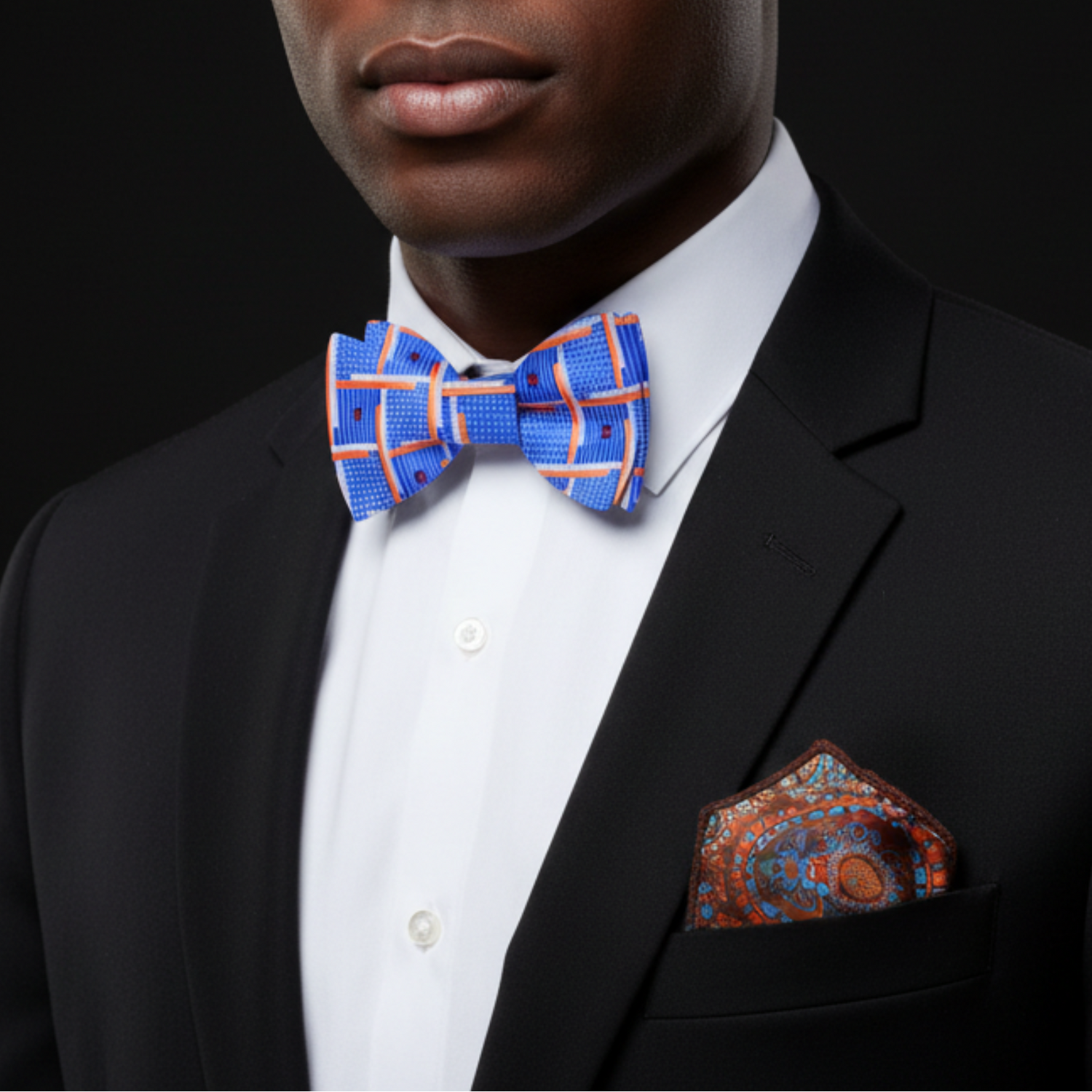 Light Blue, Orange and White Lines Bow Tie and Accenting Paisley Square on man with suit