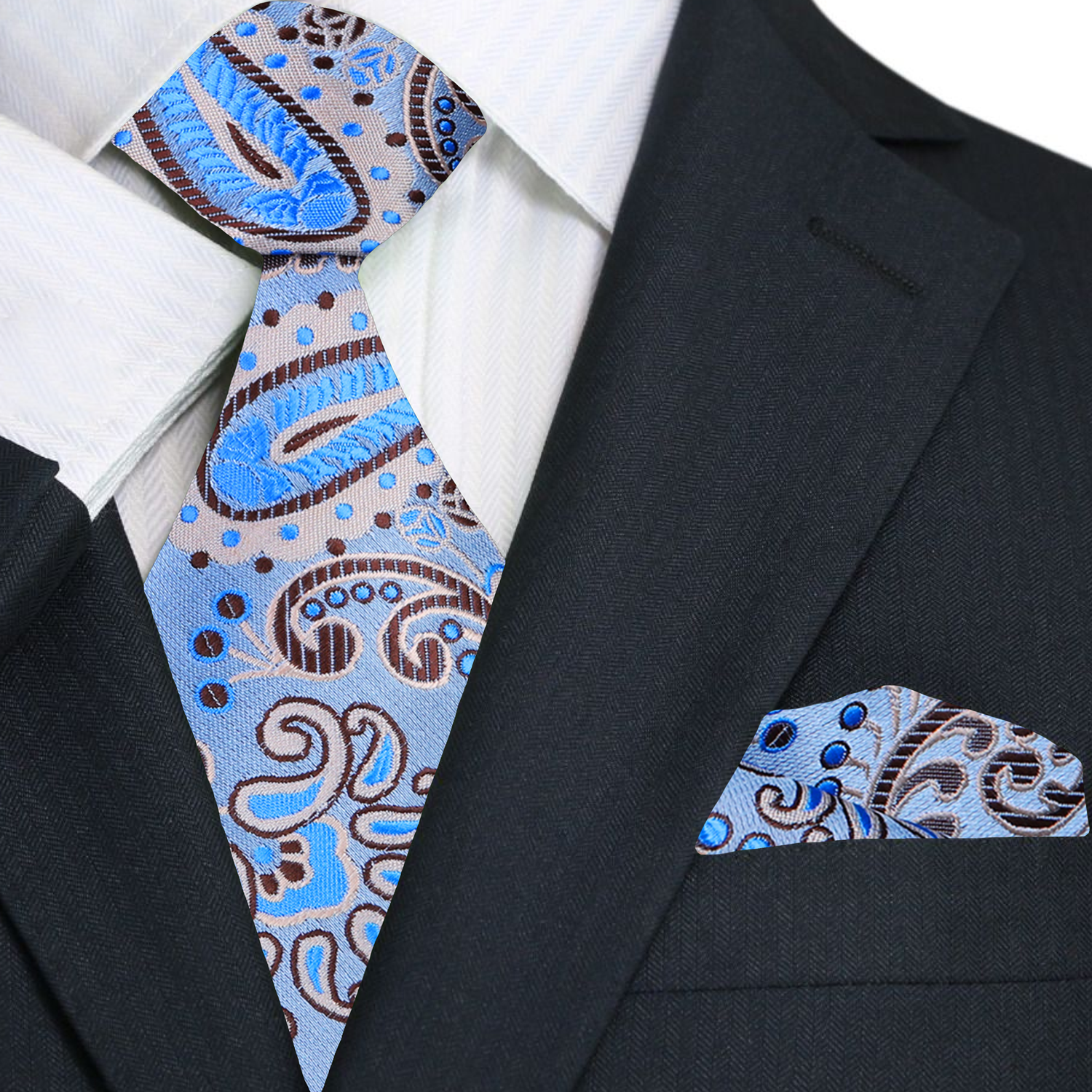 A Light Blue, Brown Paisley Pattern Necktie, Matching Pocket Square