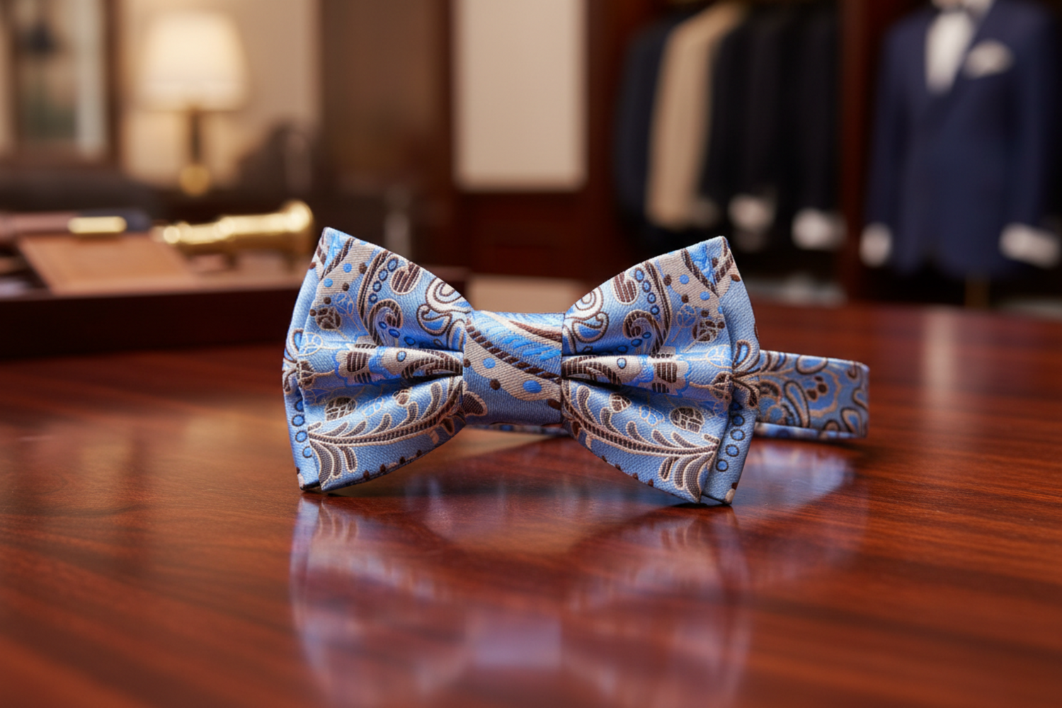 A Light Blue, Brown Paisley Pattern Self Tie Bow Tie Pre Tied