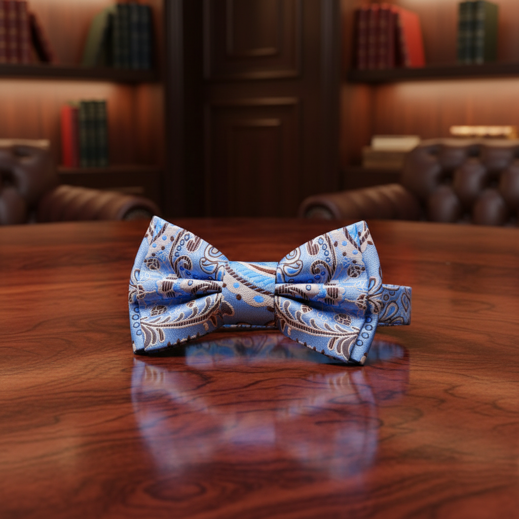 Light Blue Brown Paisley Bow Pre Tied
