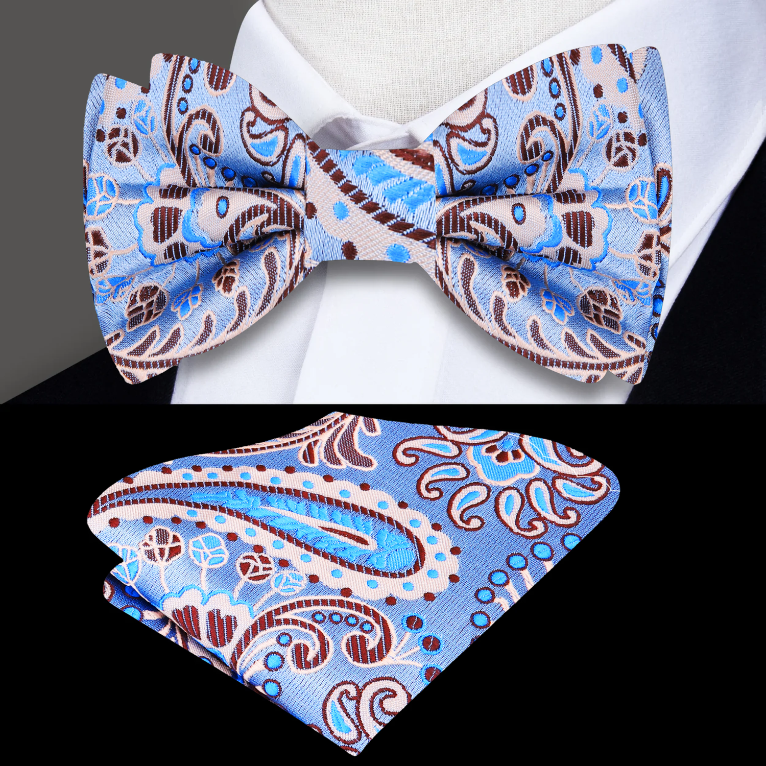 A Light Blue, Brown Paisley Pattern Self Tie Bow Tie, Matching Pocket Square