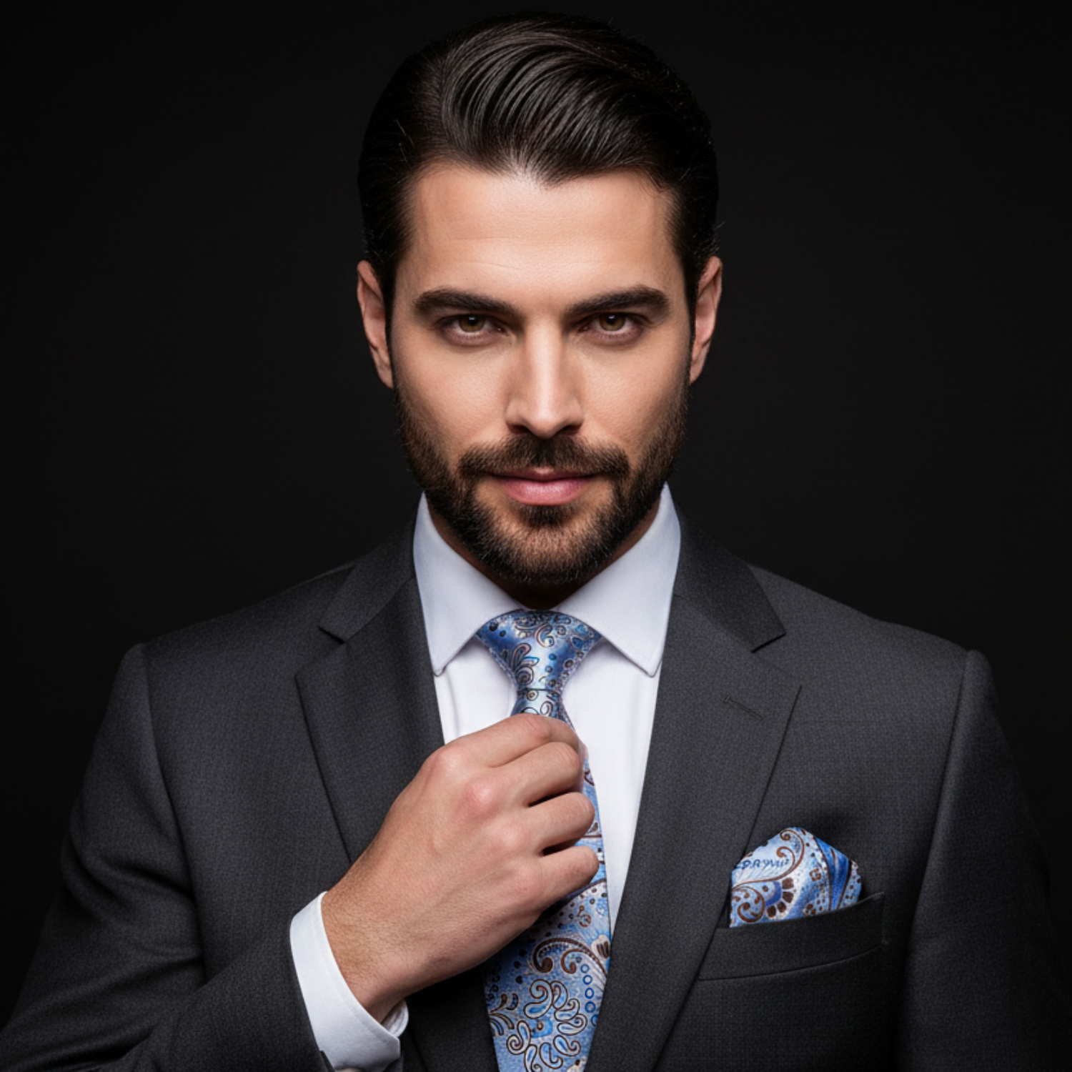 Man adjusting his blue tie against a black background